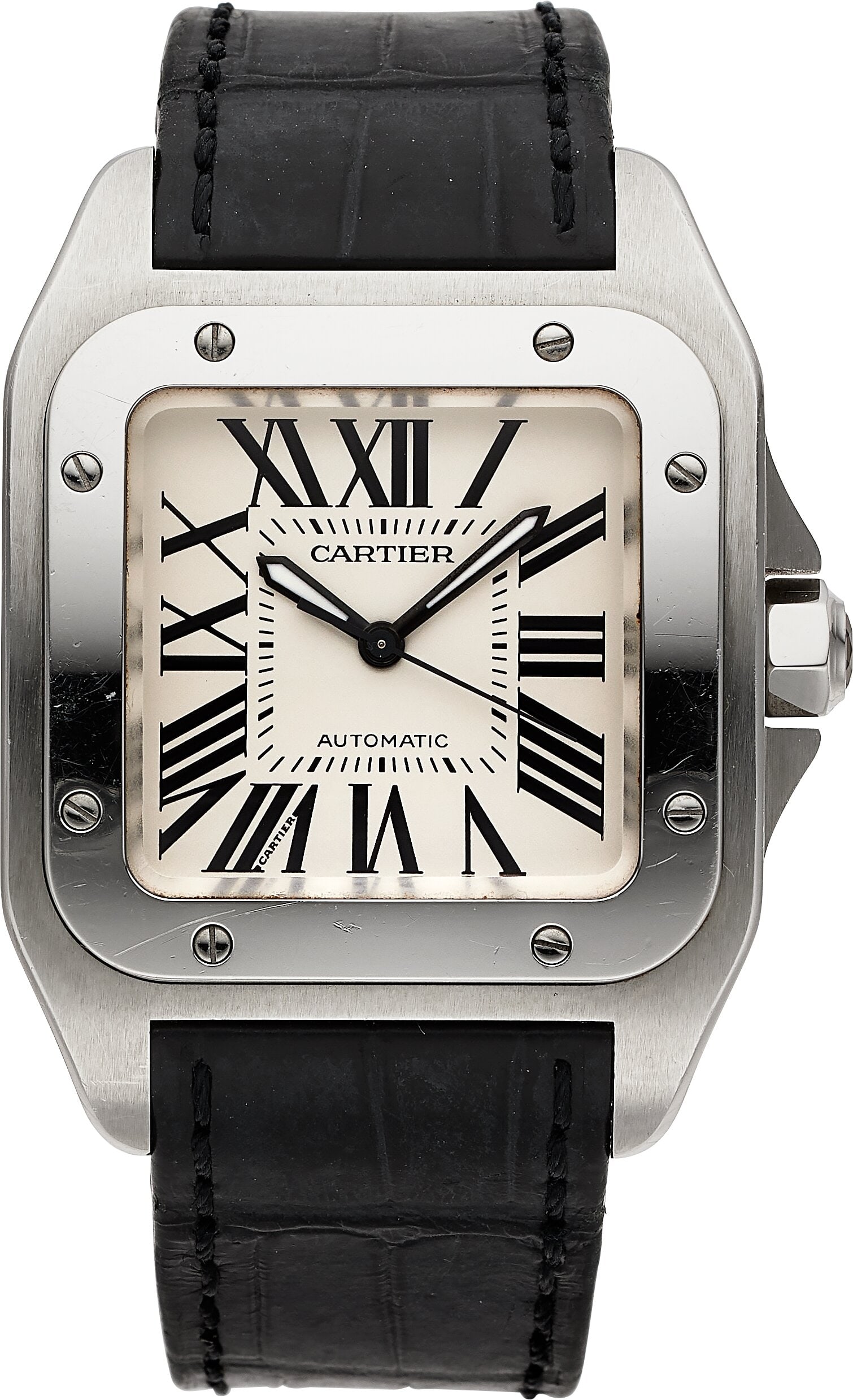 Cartier Santos 100, Stainless Steel, Ref. 2878 : Cartier Santos 100, Stainless Steel, Ref. 2878 Case: 33 mm, stainless steel, three body, eight screw case back, No. 335559CE Dial: silvere