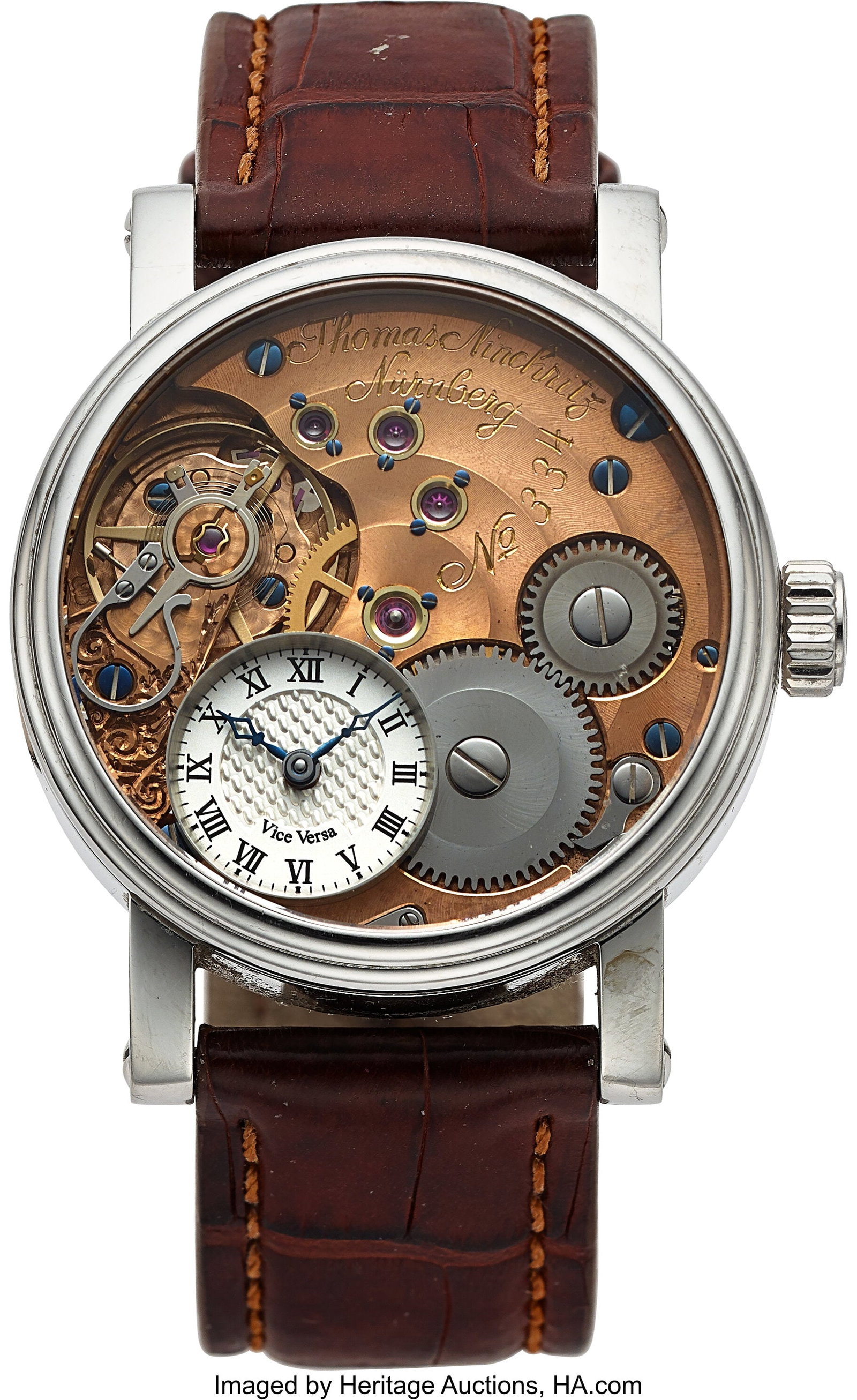 Thomas Ninchritz Vice Versa, Full Set, Ref. N1 2: Thomas Ninchritz Vice Versa, Full Set, Ref. N1 2000.6 Case: 42 mm, stainless steel, three body, screw-down exhibition case back, fixed stepped