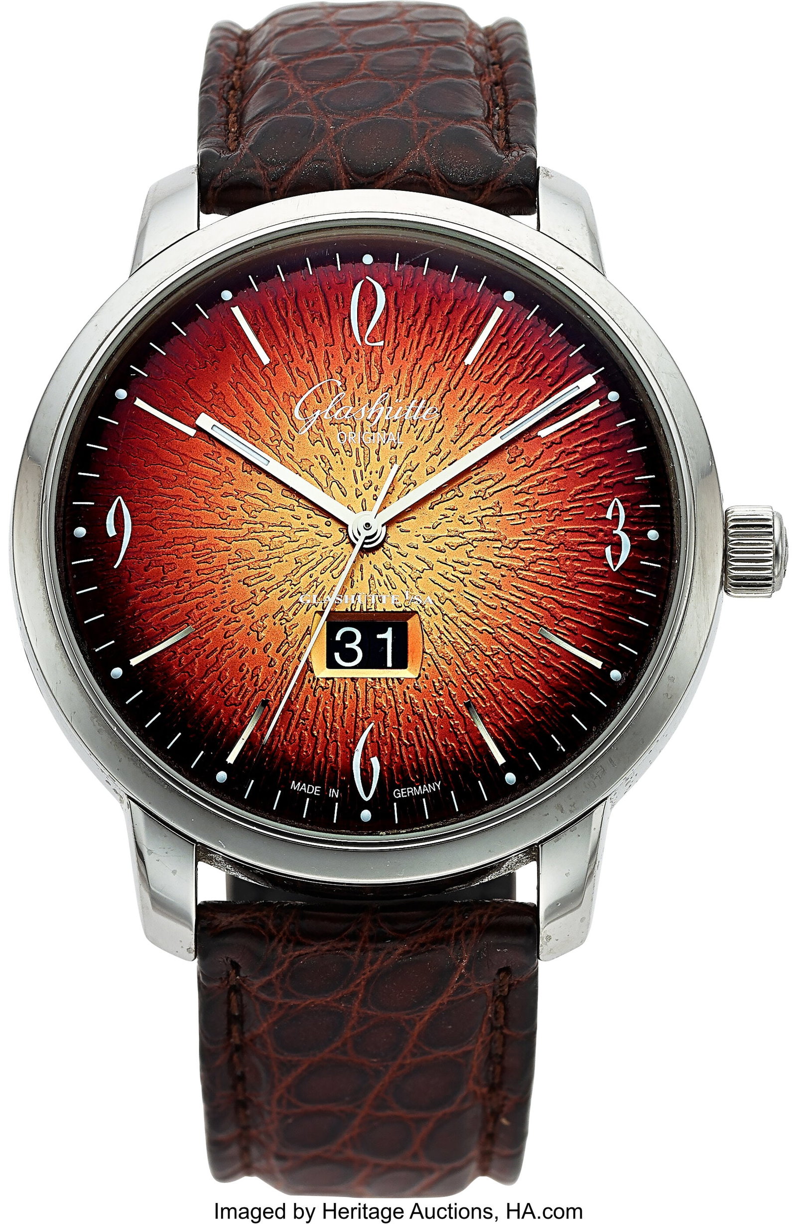 Glashutte Sixties Panorama, Fiery Orange Dial, F: Glashutte Sixties Panorama, Fiery Orange Dial, Full Set Case: 42 mm, stainless steel, three body, five screw exhibition case back, fixed domed bezel, No
