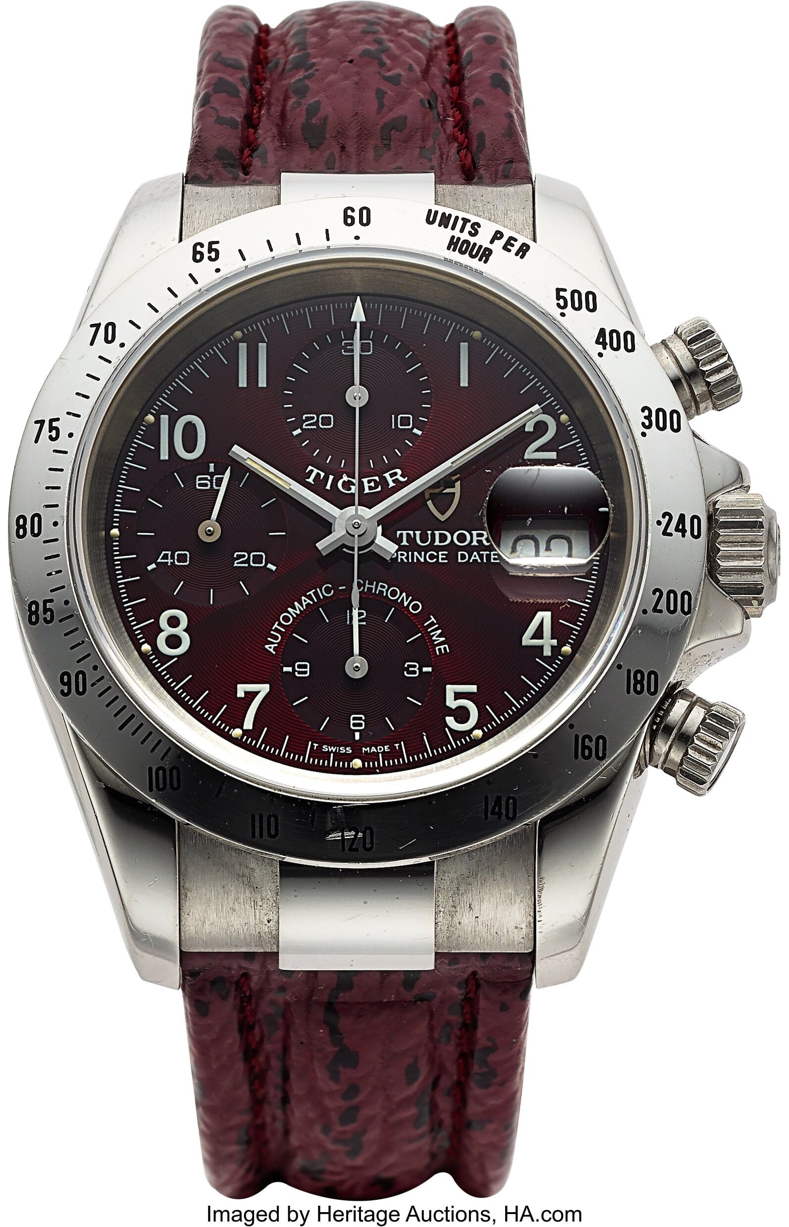 Tudor Prince, Tiger Maroon, Ref. T79280P80 Case: Tudor Prince, Tiger Maroon, Ref. T79280P80 Case: 40 mm, stainless steel, three body, screw-down case back, crown, and timer buttons,