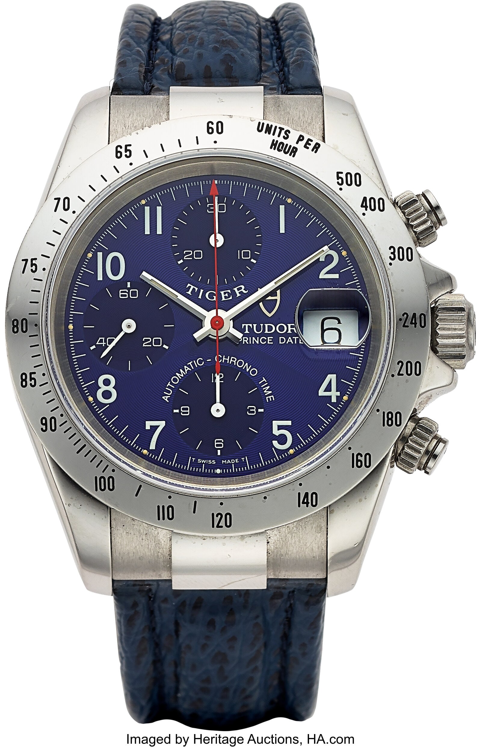 Tudor Prince, Tiger Blue Dial, Ref. 79280 Case:: Tudor Prince, Tiger Blue Dial, Ref. 79280 Case: 39 mm, stainless steel, three body, screw-down case back, crown, and timer buttons Dial: