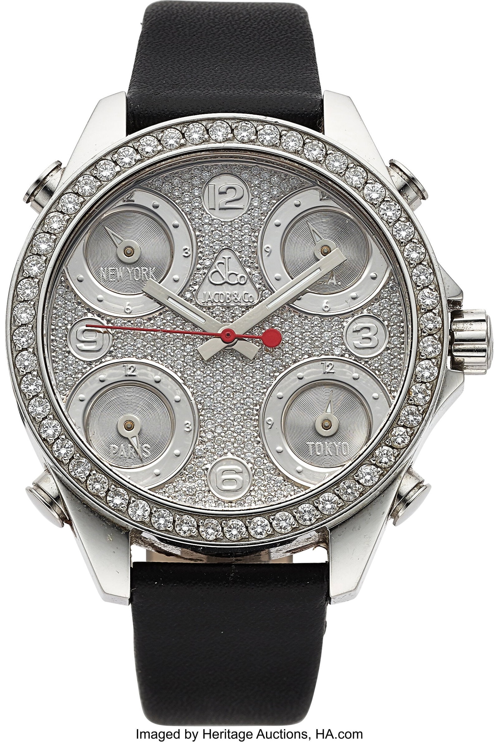 Jacob & Co. Five Time Zone, Diamond Set Bezel an: Jacob & Co. Five Time Zone, Diamond Set Bezel and Dial Case: 40 mm, stainless steel, three body, screw-down case back, diamond set bezel, No&period