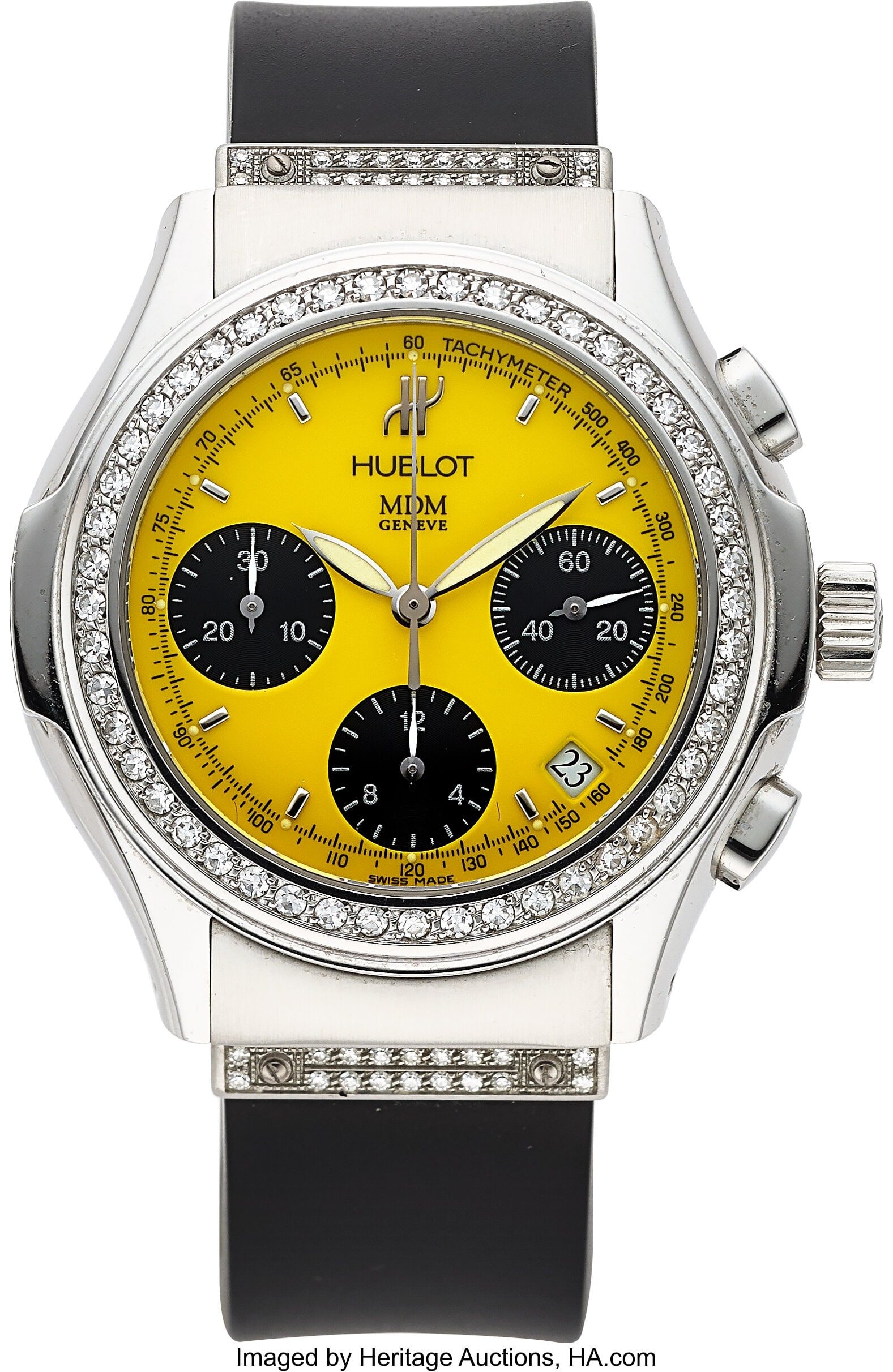 Hublot MDM, Yellow Dial, Diamond Set Bezel, Ref.: Hublot MDM, Yellow Dial, Diamond Set Bezel, Ref. 1810.1.054 Case: 39 mm, stainless steel, three body, six screw case back, diamond