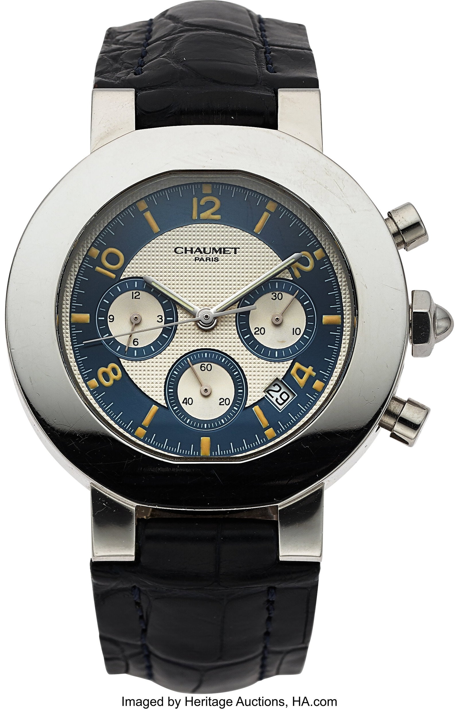 Chaumet Stainless Steel Chronograph Case: 40 mm: Chaumet Stainless Steel Chronograph Case: 40 mm, stainless steel, two body, six screw exhibition case back Dial: silvered guilloché dial, blue chapter ring w