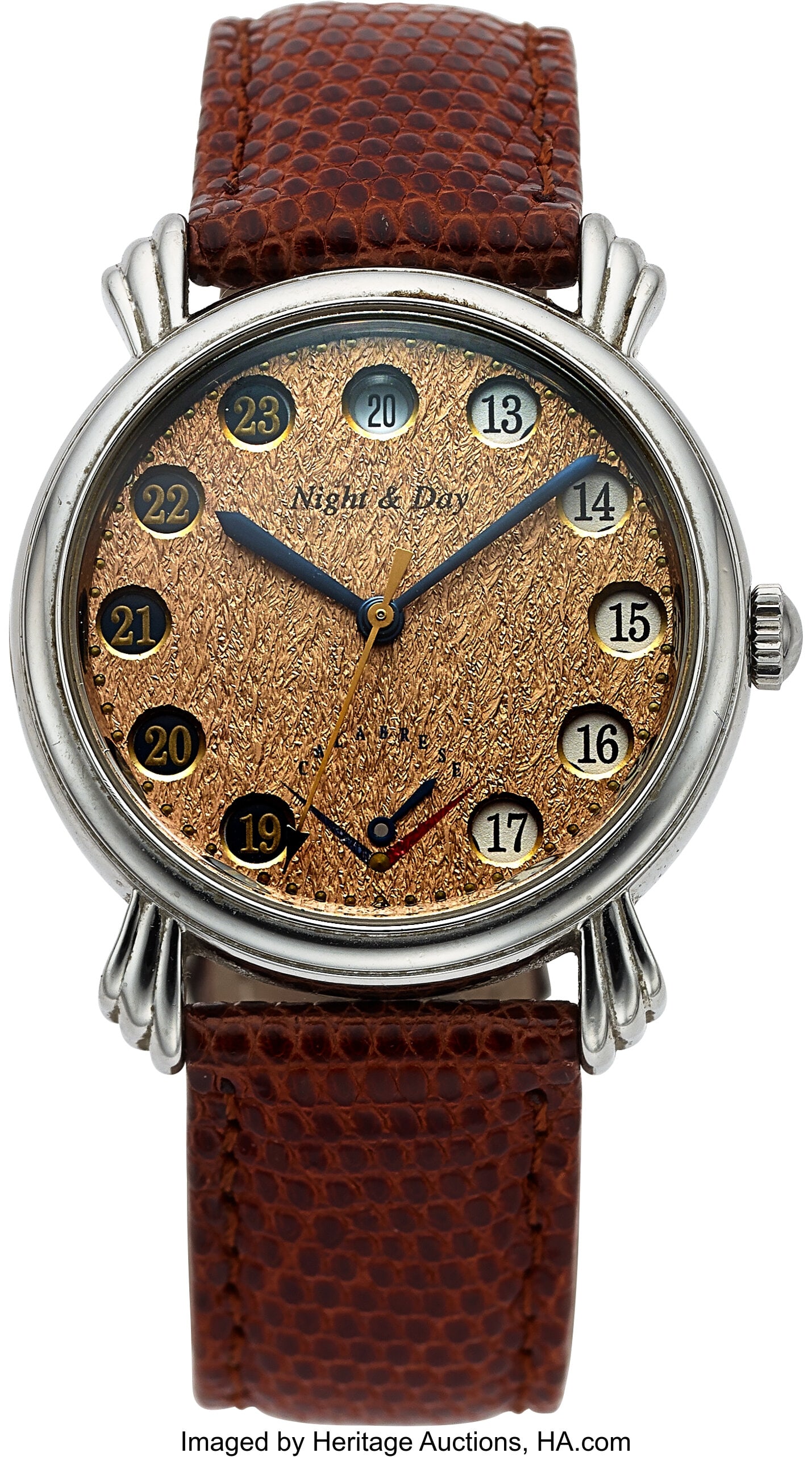 Vincent Calabrese Night and Day Case: 34 mm, st: Vincent Calabrese Night and Day Case: 34 mm, stainless steel, three body, snap-on exhibition case back, fixed bezel Dial: textured tan dial, gold dot minute m
