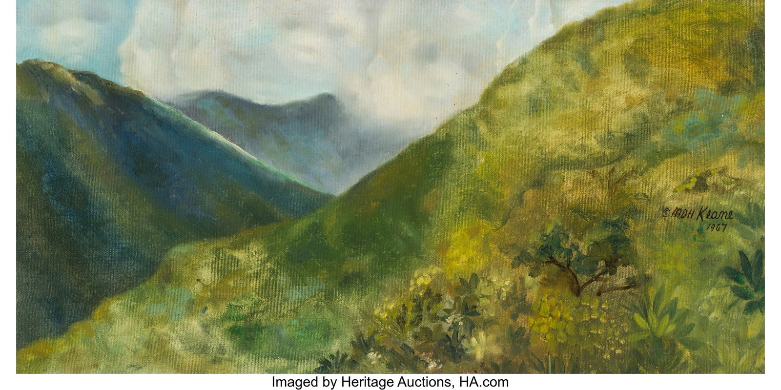 Margaret Keane (American, 1927-2022) Hawaiian La: Margaret Keane (American, 1927-2022) Hawaiian Landscape, 1967 Oil on canvas 12 x 24 inches (30.5 x 61.0 cm) Signed and dated center right: © MD
