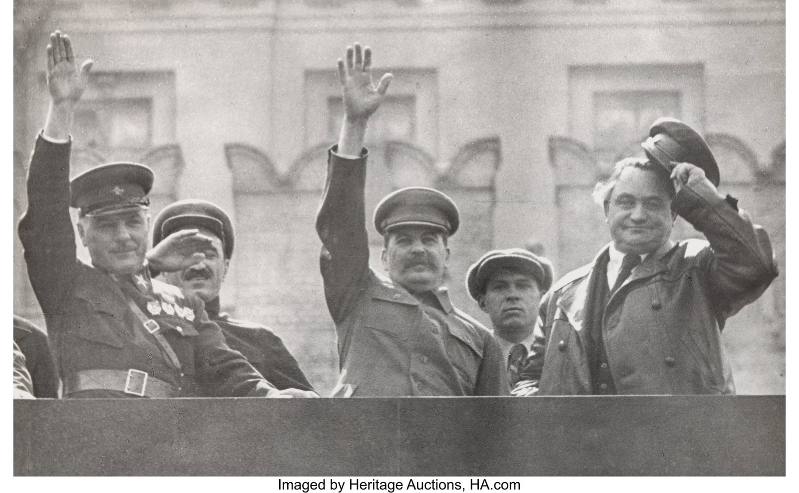 Ivan Shagin (Russian, 1904-1982) Joseph Stalin, : Ivan Shagin (Russian, 1904-1982) Joseph Stalin, Marshal Georgy Zhukov and Marshall Semyon Budyonny on the Lenin Mausoleum Tribune Watching Victory Parade, Red Square,