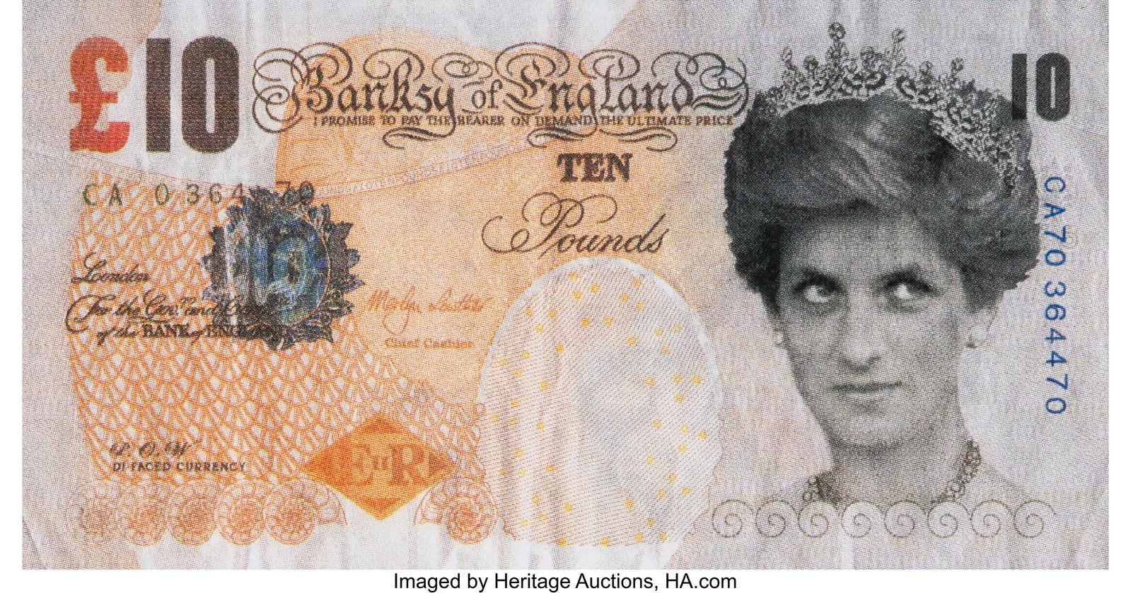 After Banksy Di-Faced Tenner, 10GBP Note, 2005 O: After Banksy Di-Faced Tenner, 10GBP Note, 2005 Offset lithograph in colors on paper 3 x 5-3/4 inches (7.6 x 14.6 cm) (sheet) This lot is accompanied