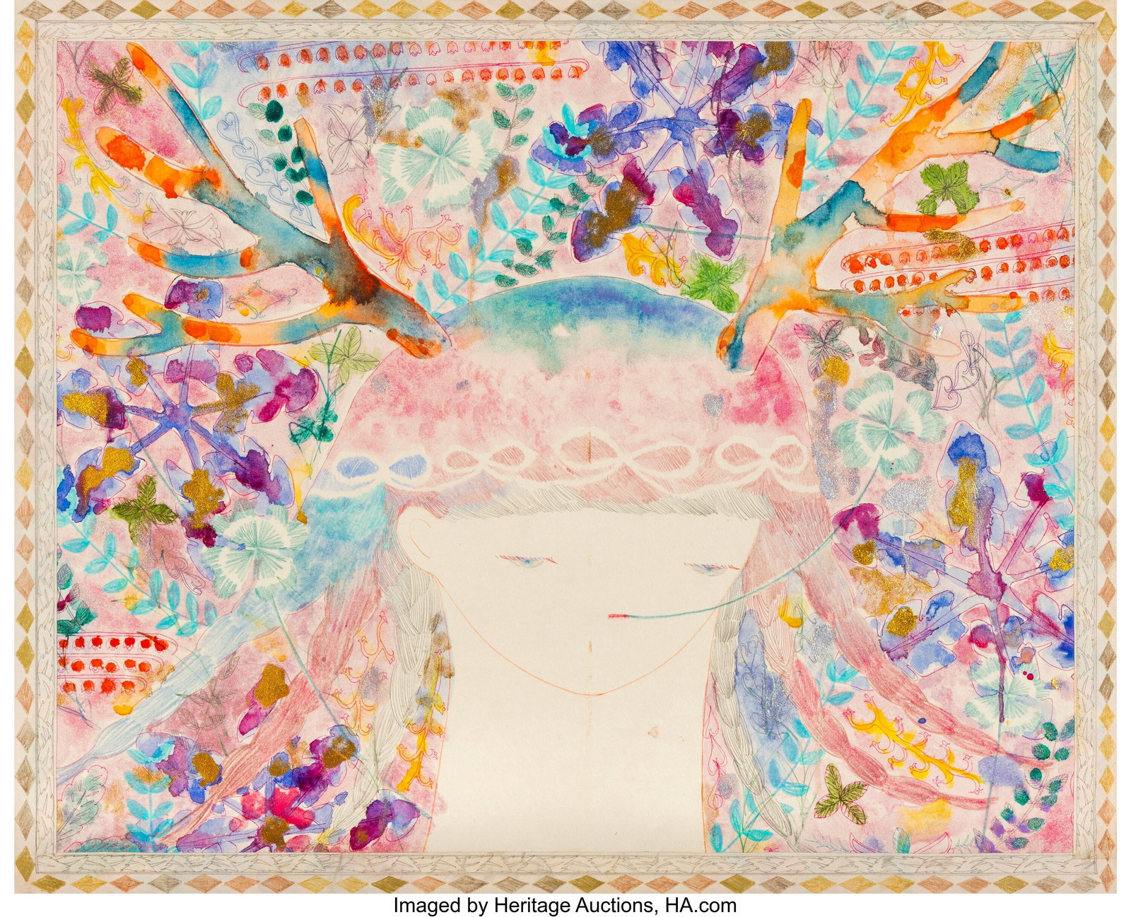 Atsuko Yamashita (b. 1993) Once Upon a Time #9, : Atsuko Yamashita (b. 1993) Once Upon a Time #9, 2021 Pencil, watercolor, metallic ink, and collage on wove paper mounted on wooden panel 21 x 25-3/4 in