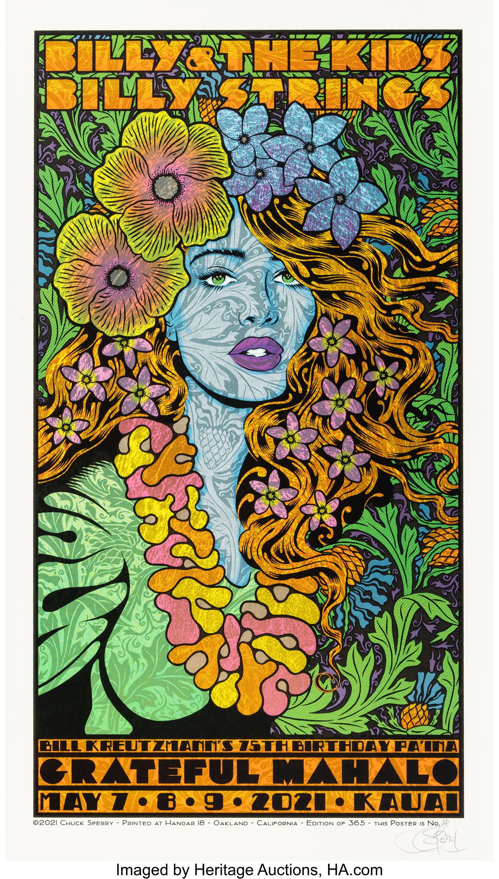 Chuck Sperry (b. 1962) Grateful Mahalo, Bill Kre: Chuck Sperry (b. 1962) Grateful Mahalo, Bill Kreutzmann's 75th Birthday Pa'ina, 2021 Screenprint in colors on cream paper 35 x 20 inches (88.9 x 50.8 cm