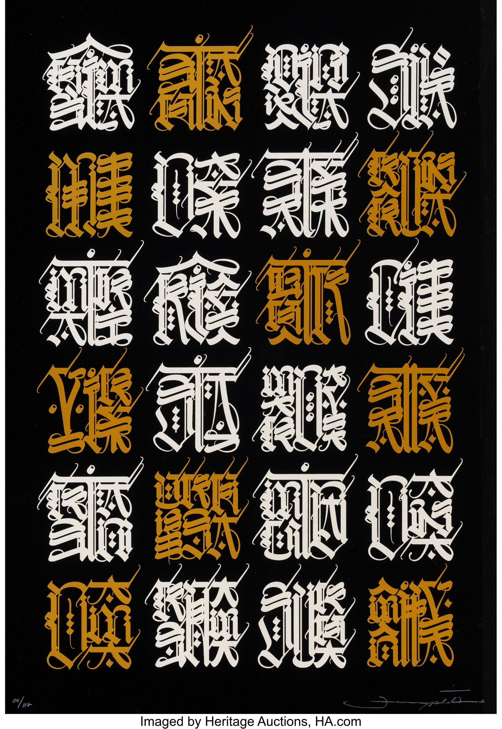 Cryptik (21st Century) 24 Virtues (Black), 2025 : Cryptik (21st Century) 24 Virtues (Black), 2025 Serigraph print on gold foil paper 24-1/2 x 17 inches (62.2 x 43.2 cm) Ed. 04/117 Signe