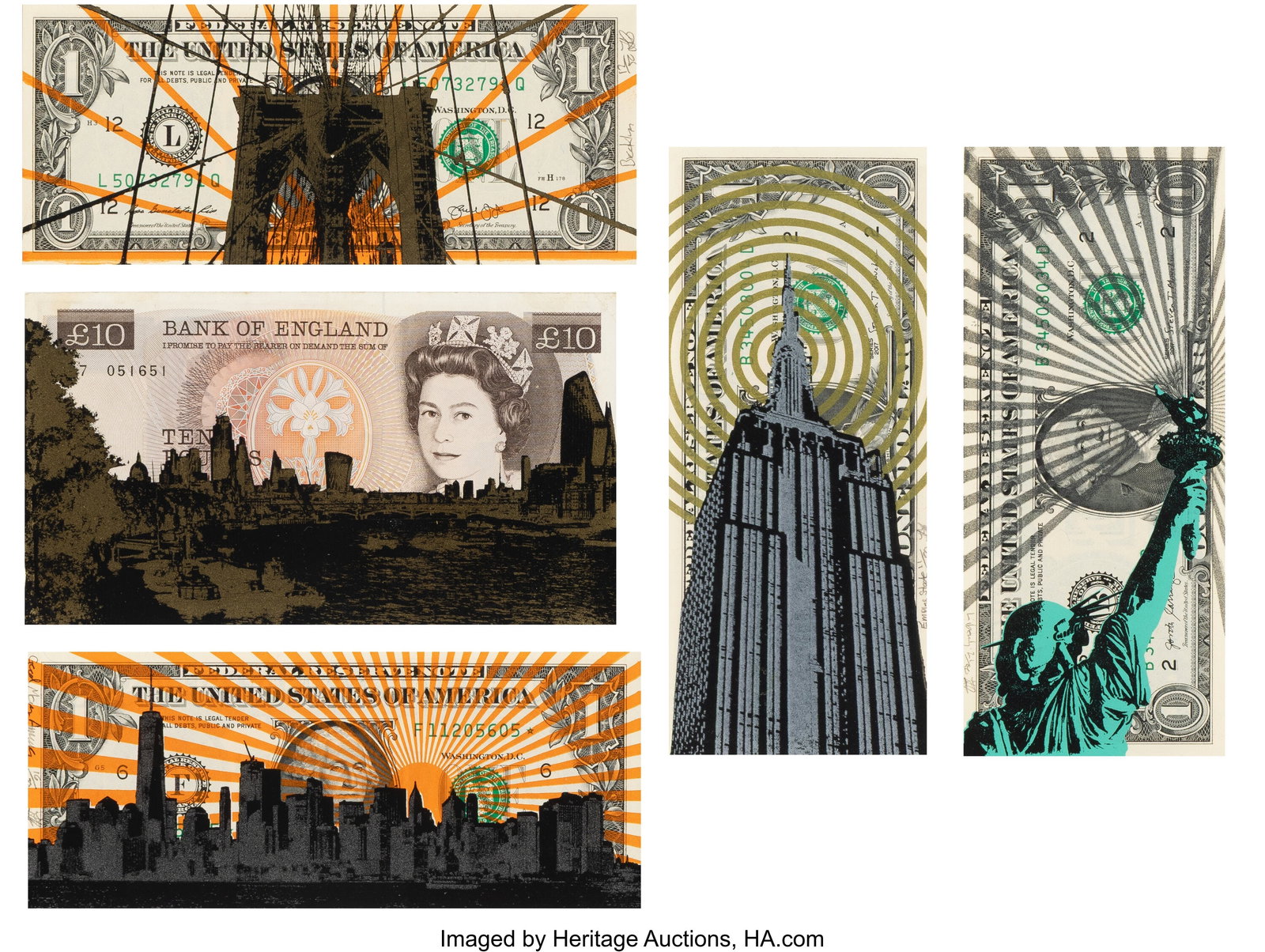 Jayson Lilley (b. 1972) Currency Notes (5 works): Jayson Lilley (b. 1972) Currency Notes (5 works), circa 2022 Mixed media on currency 3-1/4 x 5-7/8 inches (8.3 x 14.9 cm) (largest
