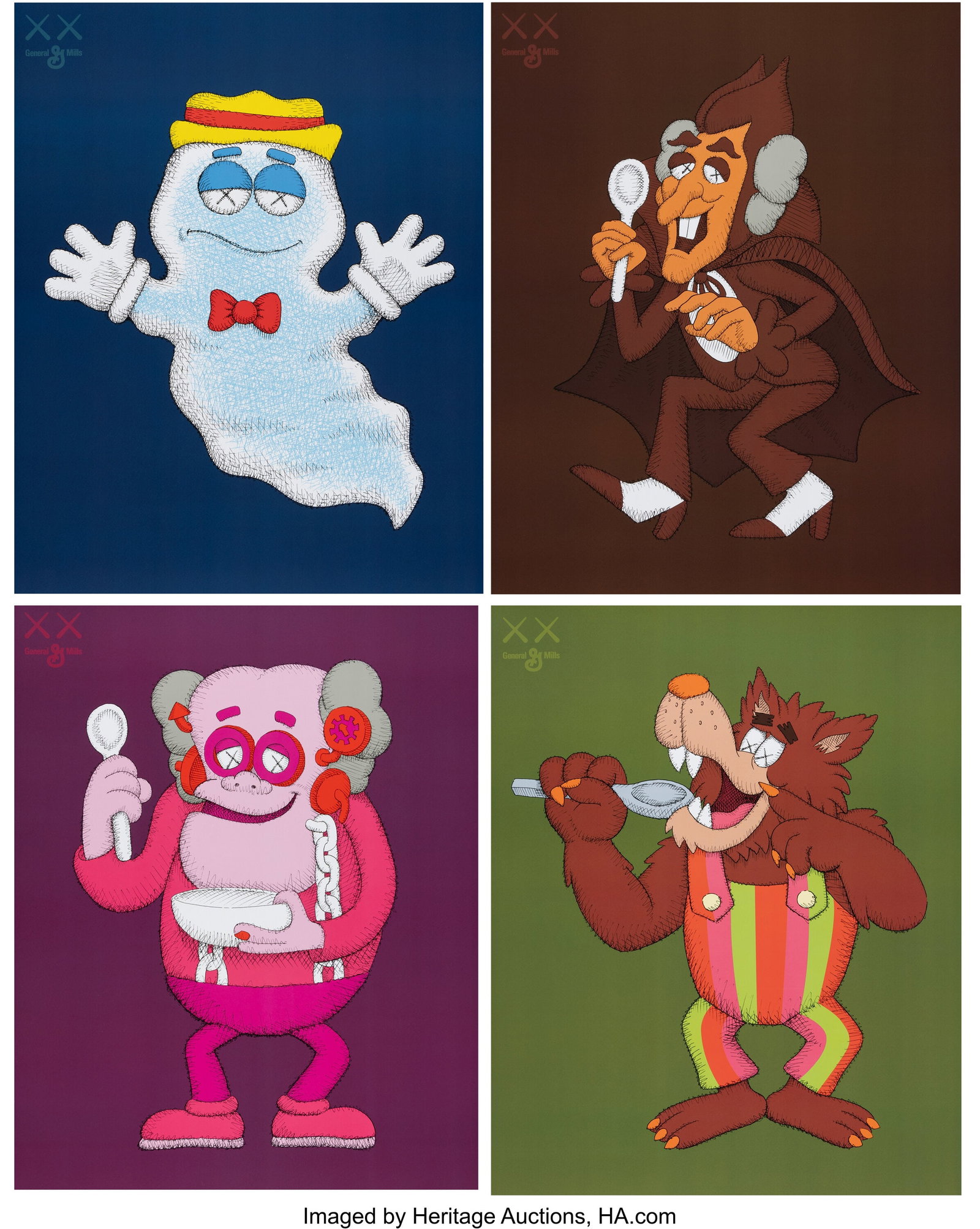KAWS X General Mills Monsters Cereals (4 works),: KAWS X General Mills Monsters Cereals (4 works), 2022 Screenprints in colors on satin paper 25 x 20 inches (63.5 x 50.8 cm) (sheet, each) Each s