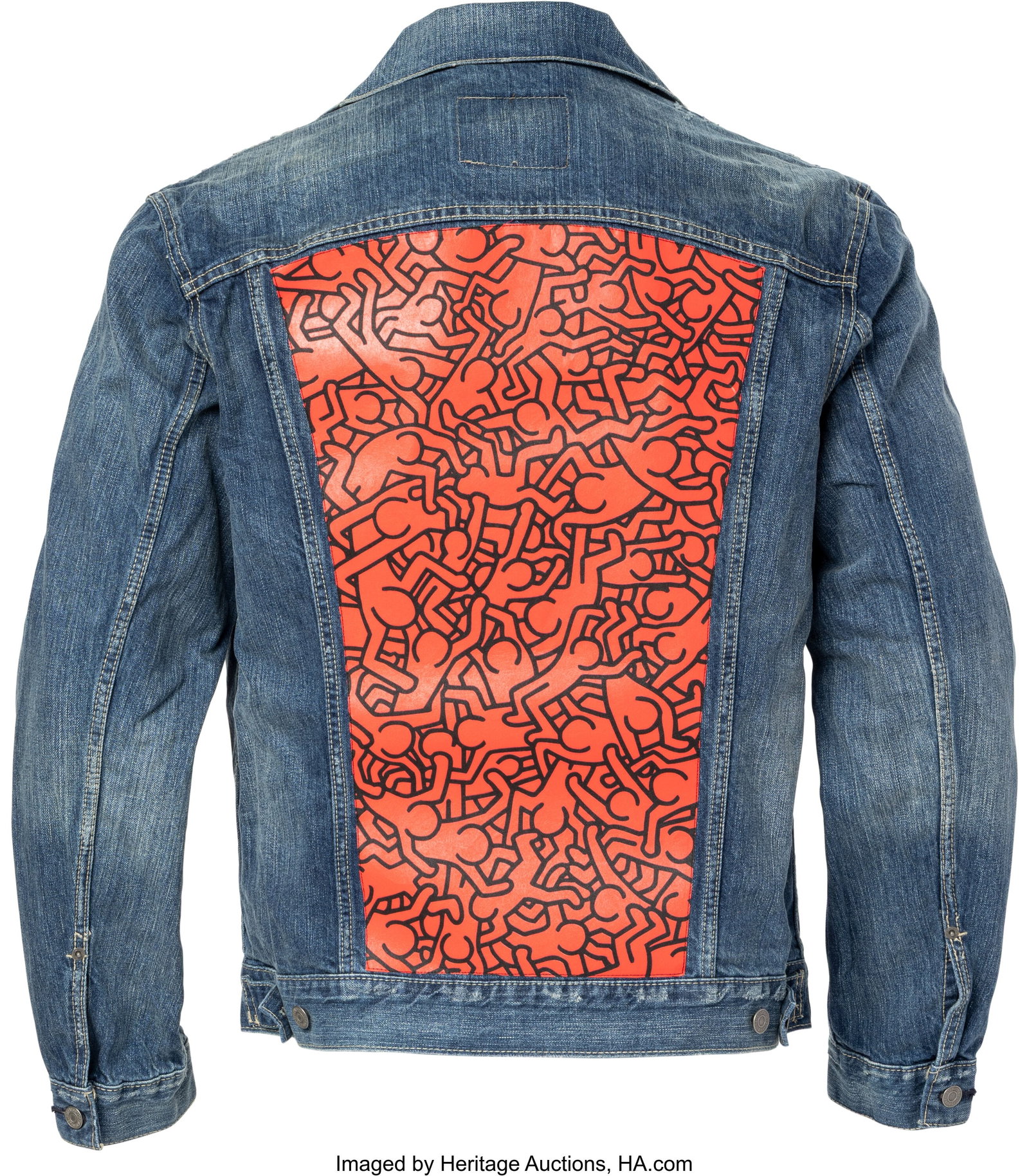 Keith Haring X MOCA Trucker Jacket, 2011 Screenp: Keith Haring X MOCA Trucker Jacket, 2011 Screenprint on denim jacket Size XL Edition of 50 Produced by the Museum of Contemporary Art, Los Angeles This lot is accompanied by a certificate 