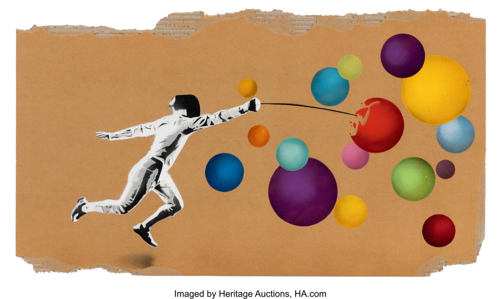 Kunstrasen (20th Century) Fencer vs. Bubbles, 20: Kunstrasen (20th Century) Fencer vs. Bubbles, 2020 Spray paint and stencil on cardboard 18 x 31-1/2 inches (45.7 x 80.0 cm) Ed. 1/1 Signed