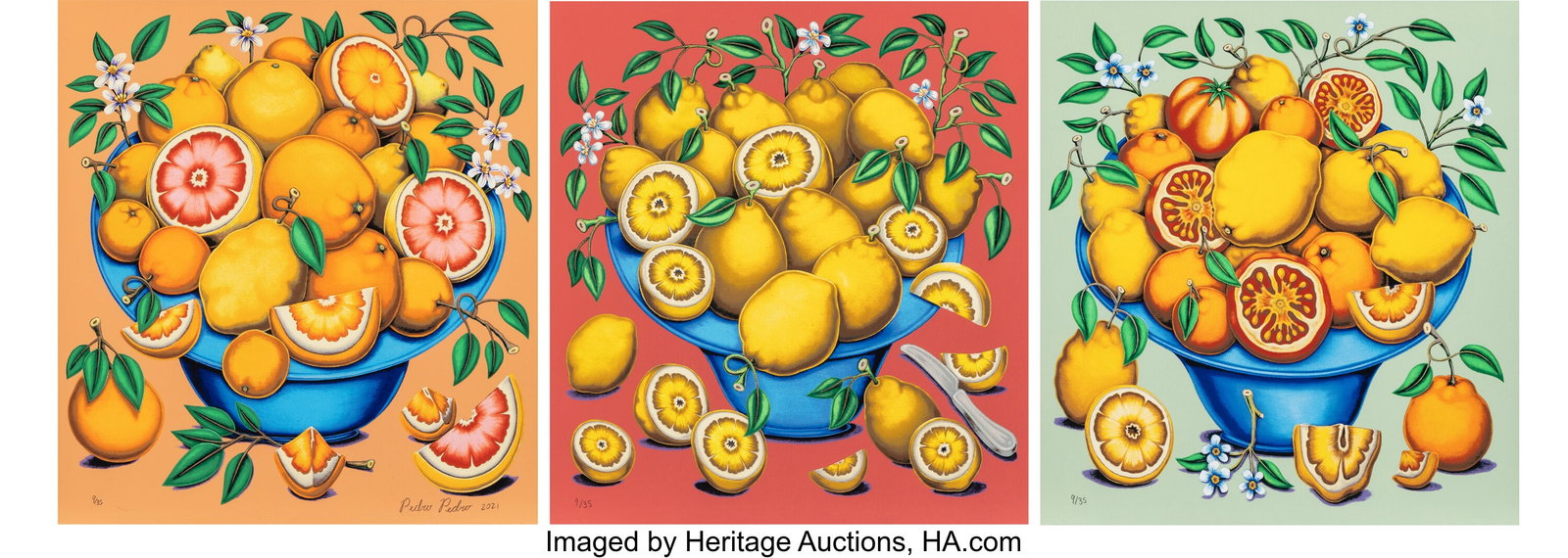 Pedro Pedro (b. 1986) Bowls with Citrus, Flowers: Pedro Pedro (b. 1986) Bowls with Citrus, Flowers, and Sliced Tomatoes (set of 3), 2021 Screenprints in colors on Mohawk Superfine UltraWhite Cover paper 22