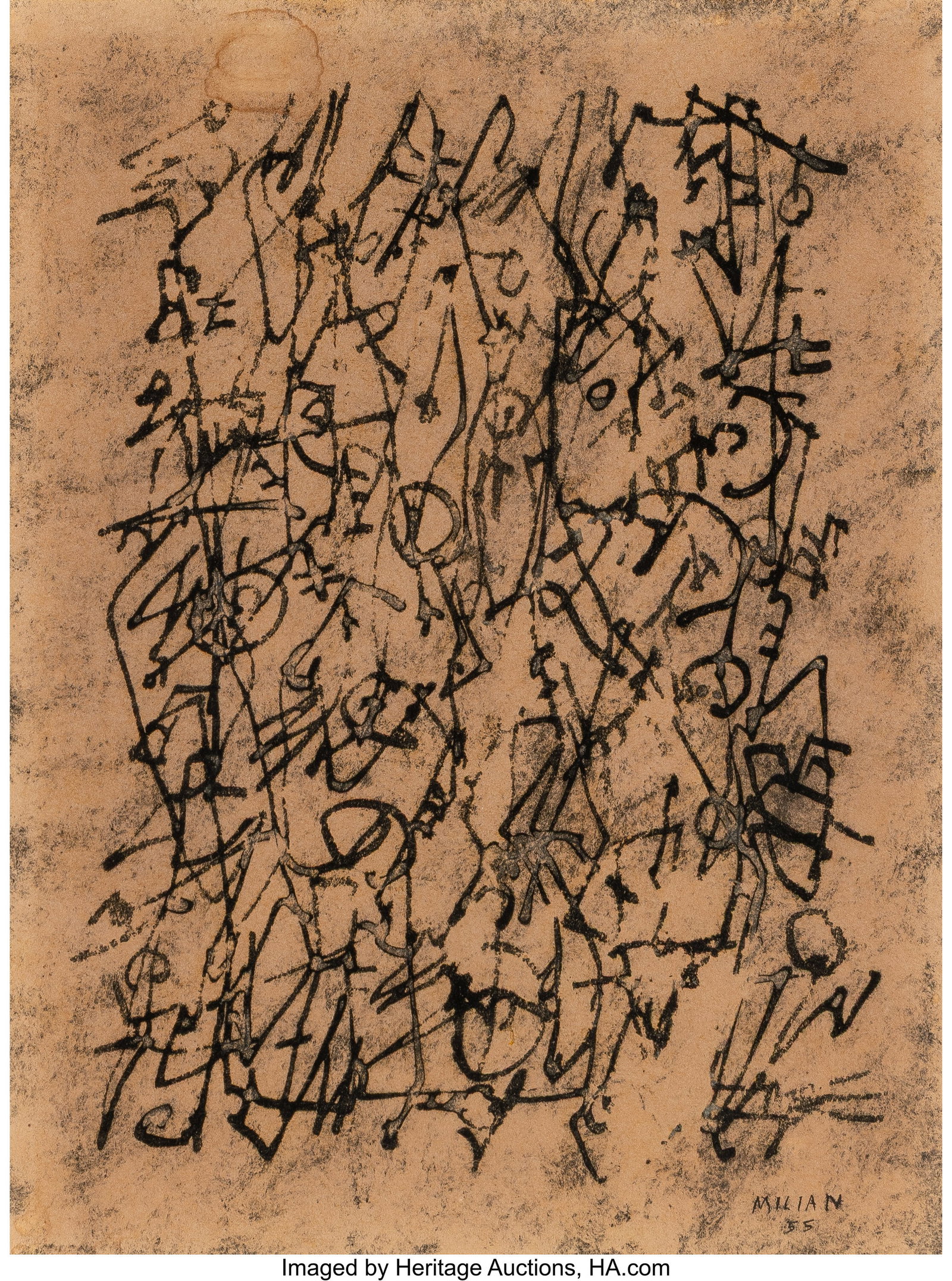Raúl Milián (1914-1994) Sin titulo, 1955 Ink o: Raúl Milián (1914-1994) Sin titulo, 1955 Ink on wove paper 11-1/8 x 14-7/8 inches (28.3 x 37.8 cm) (sheet) Signed and dated lowe