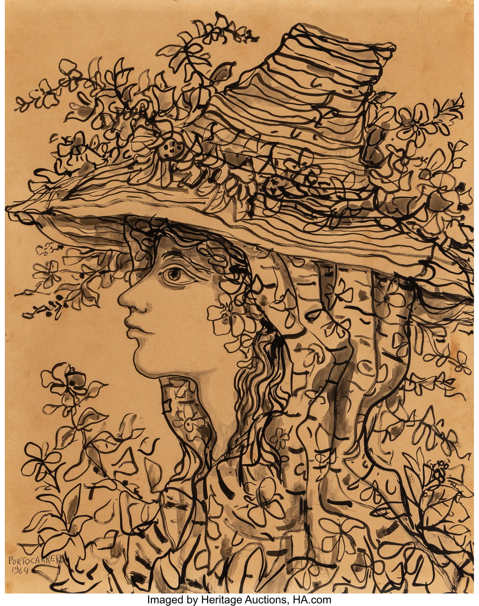 René Portocarrero (1912-1985) Muchacha con somb: René Portocarrero (1912-1985) Muchacha con sombrero, 1964 Ink and wash on Bristol paper 29 x 23 inches (73.7 x 58.4 cm) Signed and dated lower left&colon