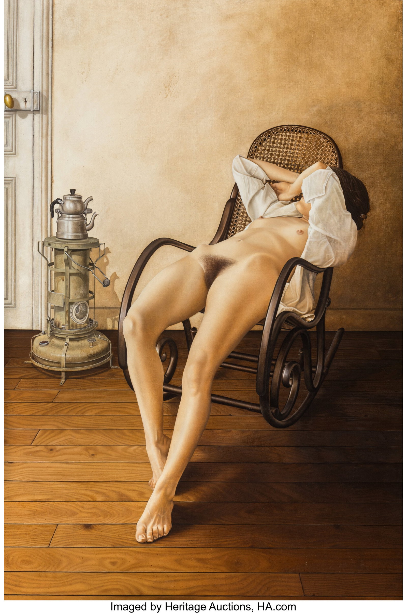 Darío Morales (1944-1988) Woman Reclining on Ch: Darío Morales (1944-1988) Woman Reclining on Chair with Stove and Two Teapots, 1970 Oil on canvas 76-3/8 x 50-3/4 inches (194.0 x 128.9 cm) Signe