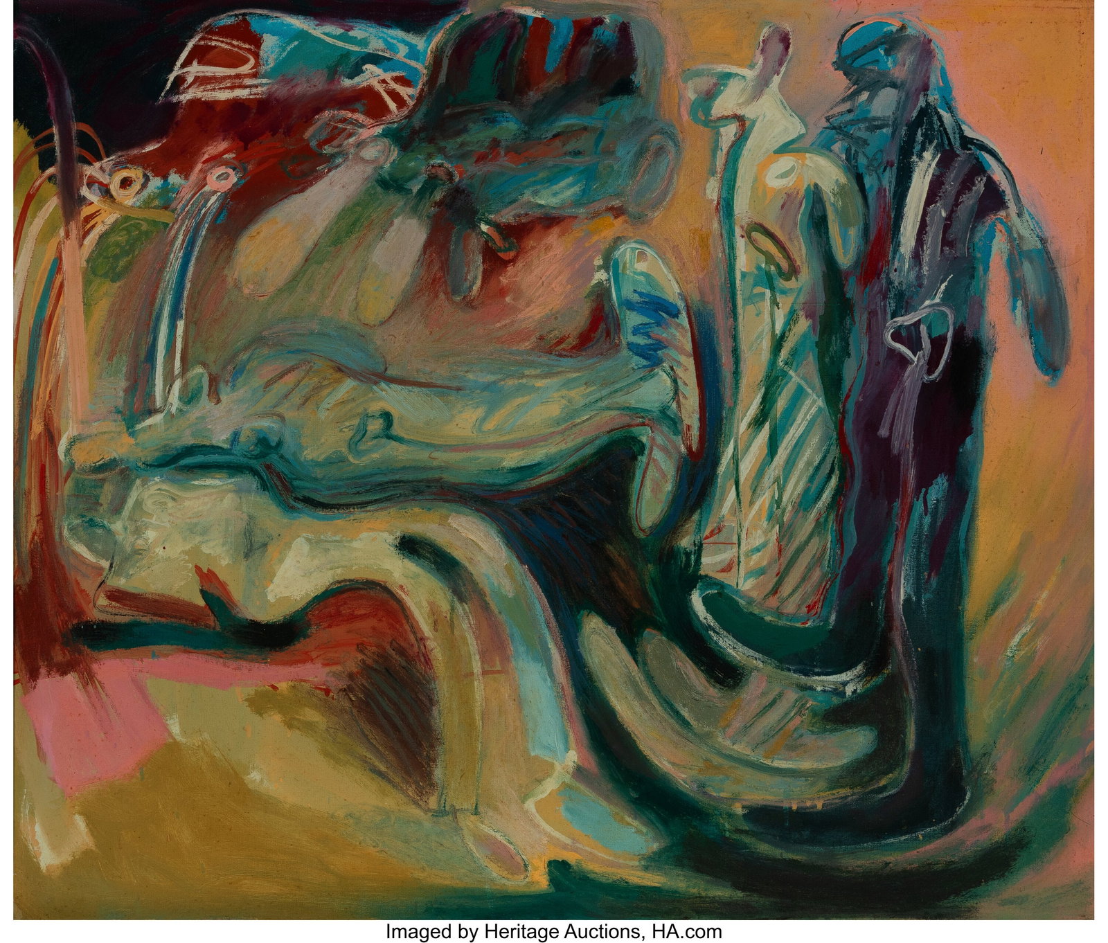 Gilberto Aceves Navarro (1931-2019) Alumbradas y: Gilberto Aceves Navarro (1931-2019) Alumbradas y Mironas, 1986 Oil on canvas 33-1/2 x 39-3/8 inches (85 x 100 cm) Dated and titled on the reverse: 86/ alumb