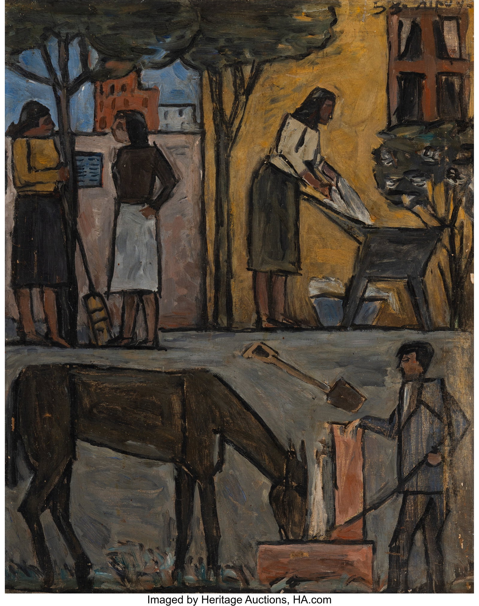 Julio Alpuy (1919-2009) Escena cotidiana (Everyd: Julio Alpuy (1919-2009) Escena cotidiana (Everyday Scene), 1953 Oil on carboard 19-5/8 x 15-3/4 inches (49.8 x 40.0 cm) Signed and dated