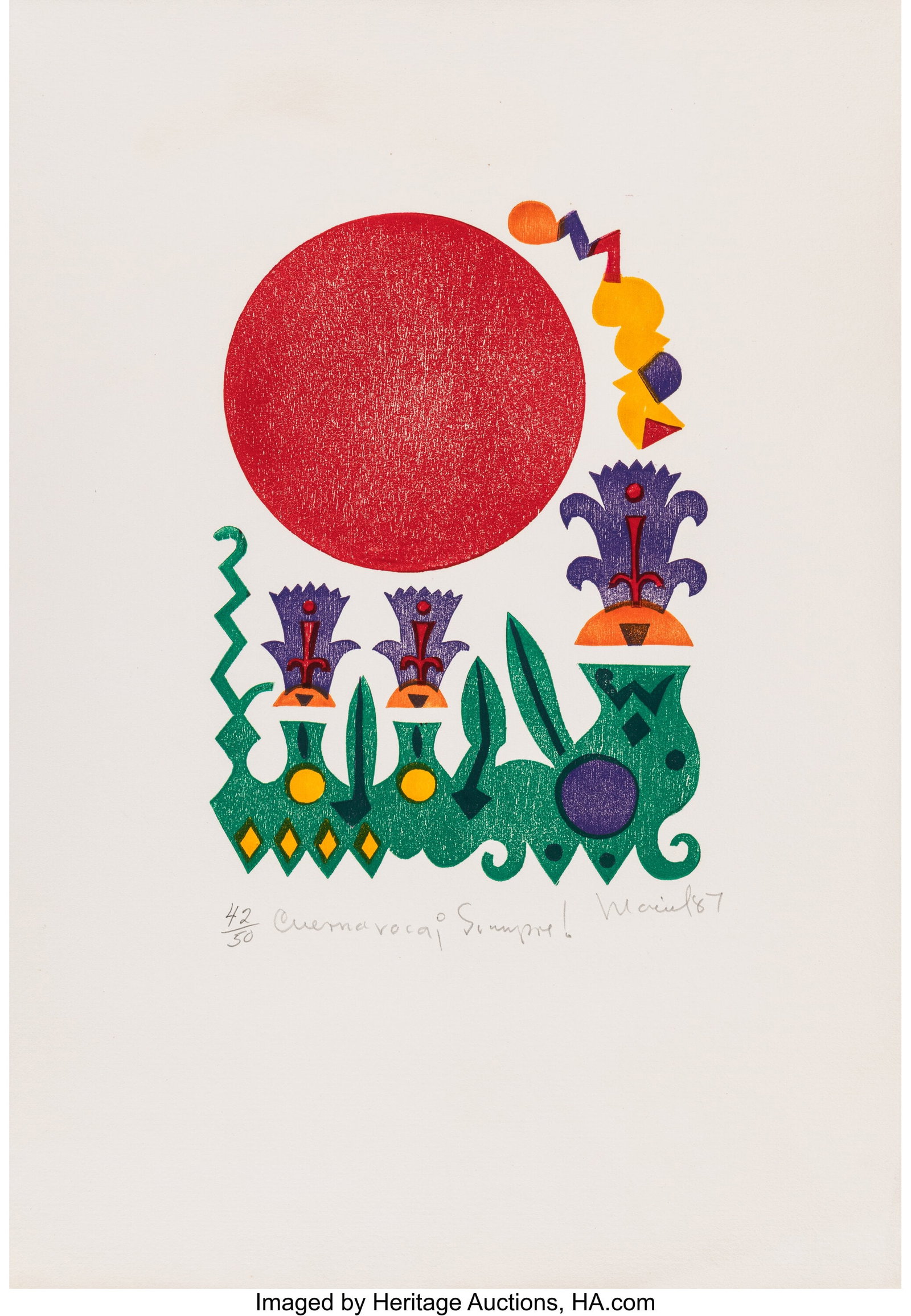 Leonel Maciel (b. 1939) Cuernavaca ¡Siempre!, 1: Leonel Maciel (b. 1939) Cuernavaca ¡Siempre!, 1987 Woodcut in colors on Guarro Casas wove paper 19-7/8 x 13-3/4 inches (50.5 x 34.9