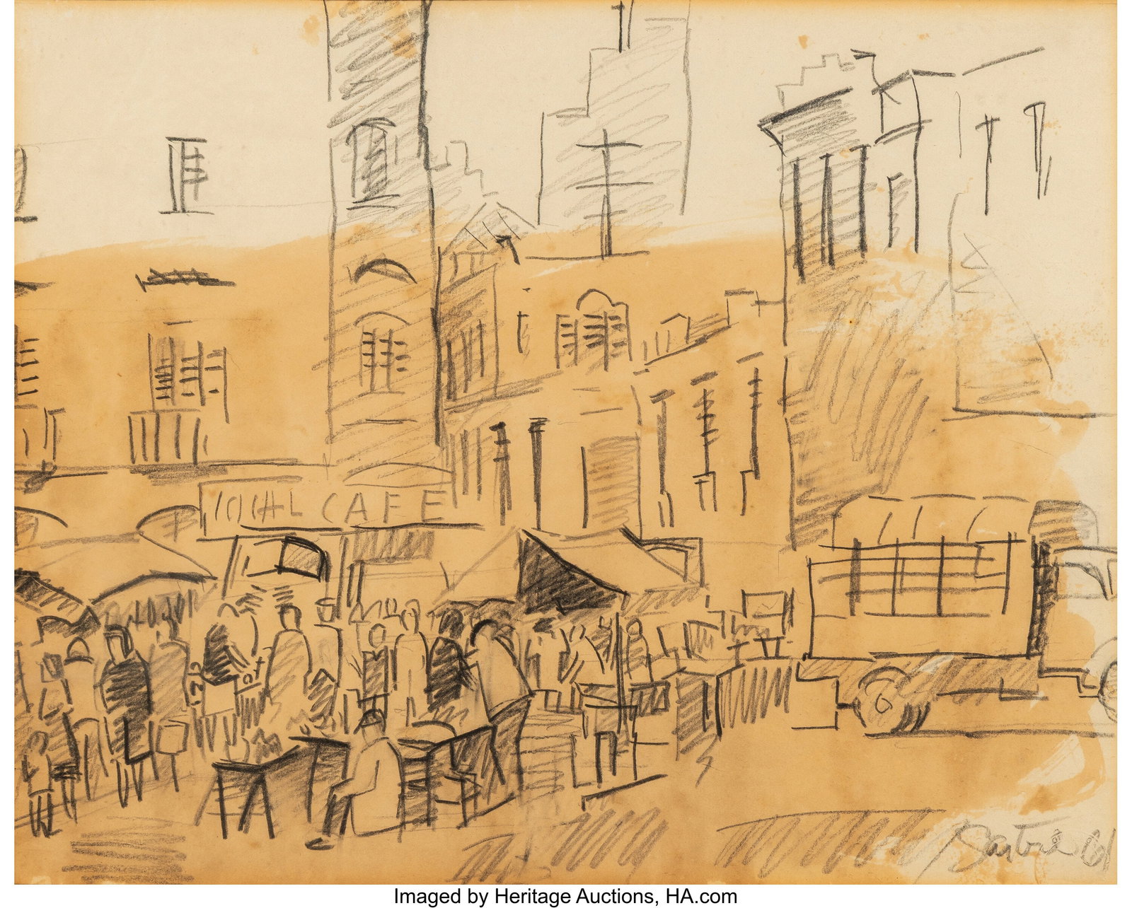 Hugo Sartore (1934-2014) Escena de Montevideo Pe: Hugo Sartore (1934-2014) Escena de Montevideo Pencil on wove paper 13-5/8 x 18-1/4 inches (34.6 x 46.4 cm) Signed in pencil lower right With the Mosca