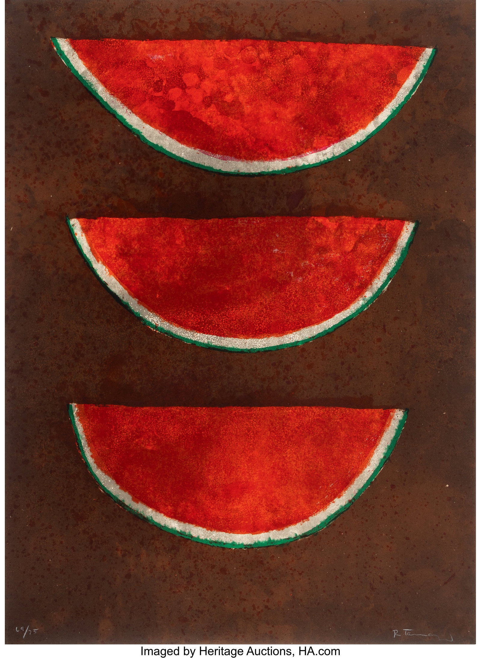 Rufino Tamayo (1899-1991) Sandías (Watermelons): Rufino Tamayo (1899-1991) Sandías (Watermelons) from 15 Lithografías, 1973 Lithograph in colors on Guerro paper 30 x 22 inches (76.2 x 55.9 c
