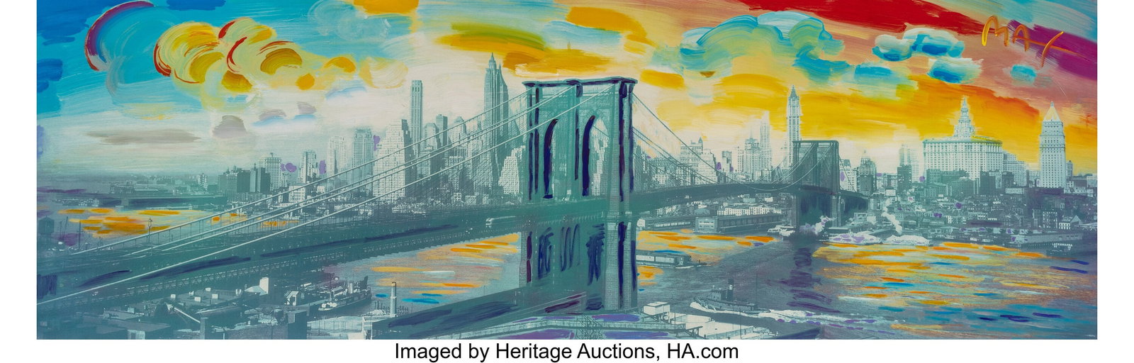 Peter Max (b. 1937) Brooklyn Bridge, Day Digital: Peter Max (b. 1937) Brooklyn Bridge, Day Digital print with acrylic on canvas laid to board 34-1/2 x 108 inches (87.6 x 274.3 cm) Signed upper right&