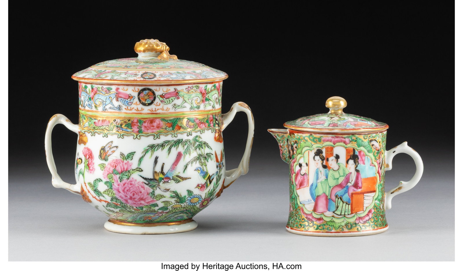 A Chinese Export Famille Rose Covered Sugar Bowl: A Chinese Export Famille Rose Covered Sugar Bowl and A Tea Infuser Cup, 19th century 5 x 5-5/8 x 3-3/4 inches (12.7 x 14.3 x 9.5 cm) (tallest) Th