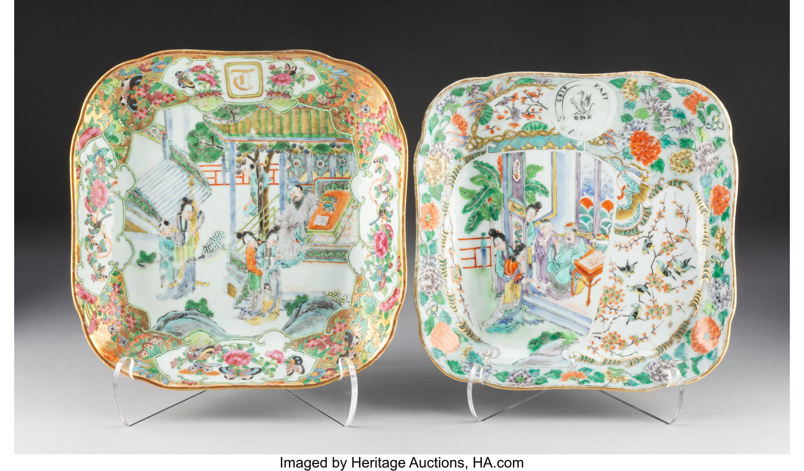 A Pair of Chinese Export Famille Rose Square-For: A Pair of Chinese Export Famille Rose Square-Form Trays, 19th century 1-3/4 x 9-1/2 x 9-1/2 inches (4.4 x 24.1 x 24.1 cm) (each) The lot comp