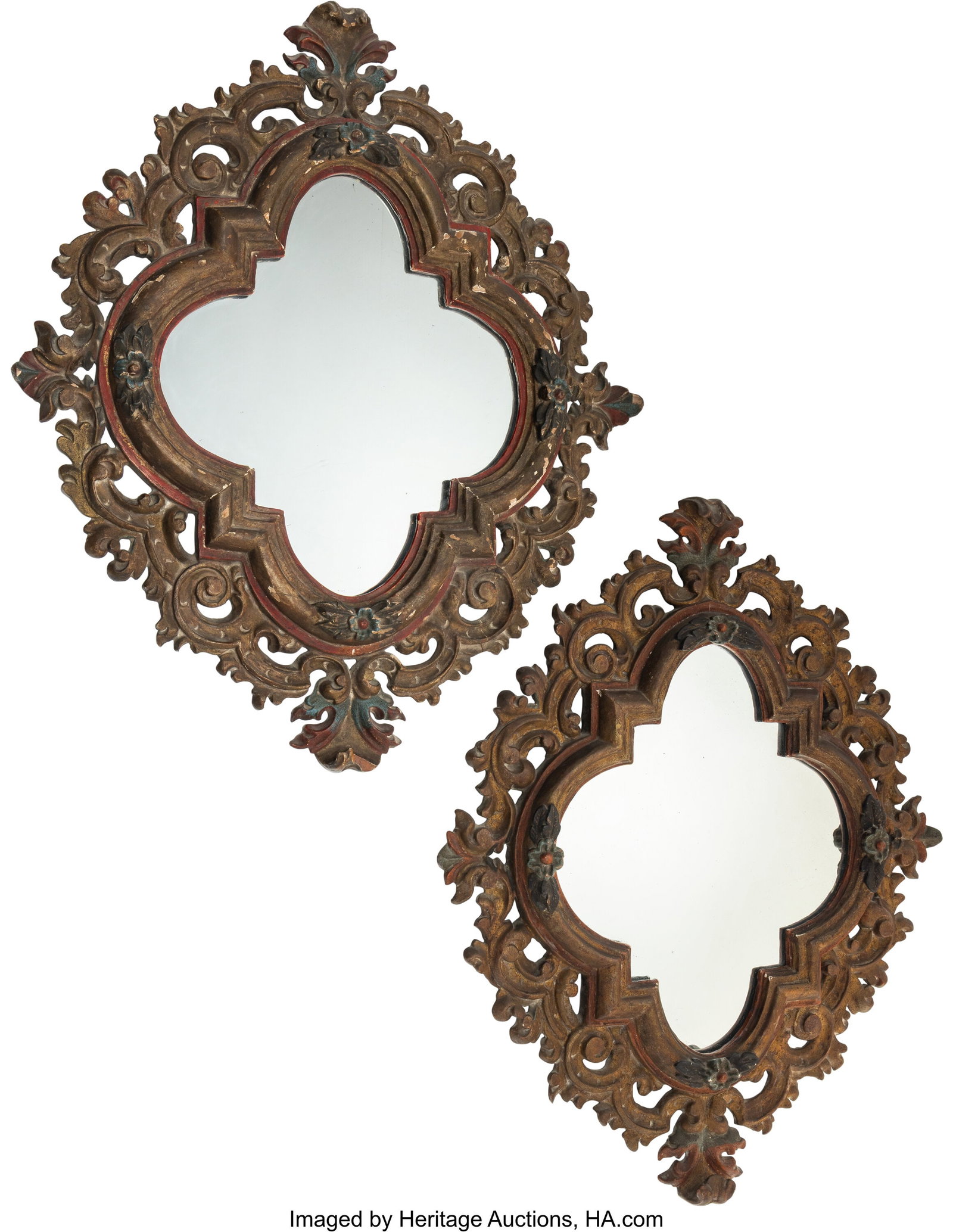 A Pair of Continental Painted and Partial Gilt W: A Pair of Continental Painted and Partial Gilt Wood Mirrors 31 x 26-3/4 x 3 inches (78.7 x 67.9 x 7.6 cm) (each) Property from a Rancho Santa Fe, Cal