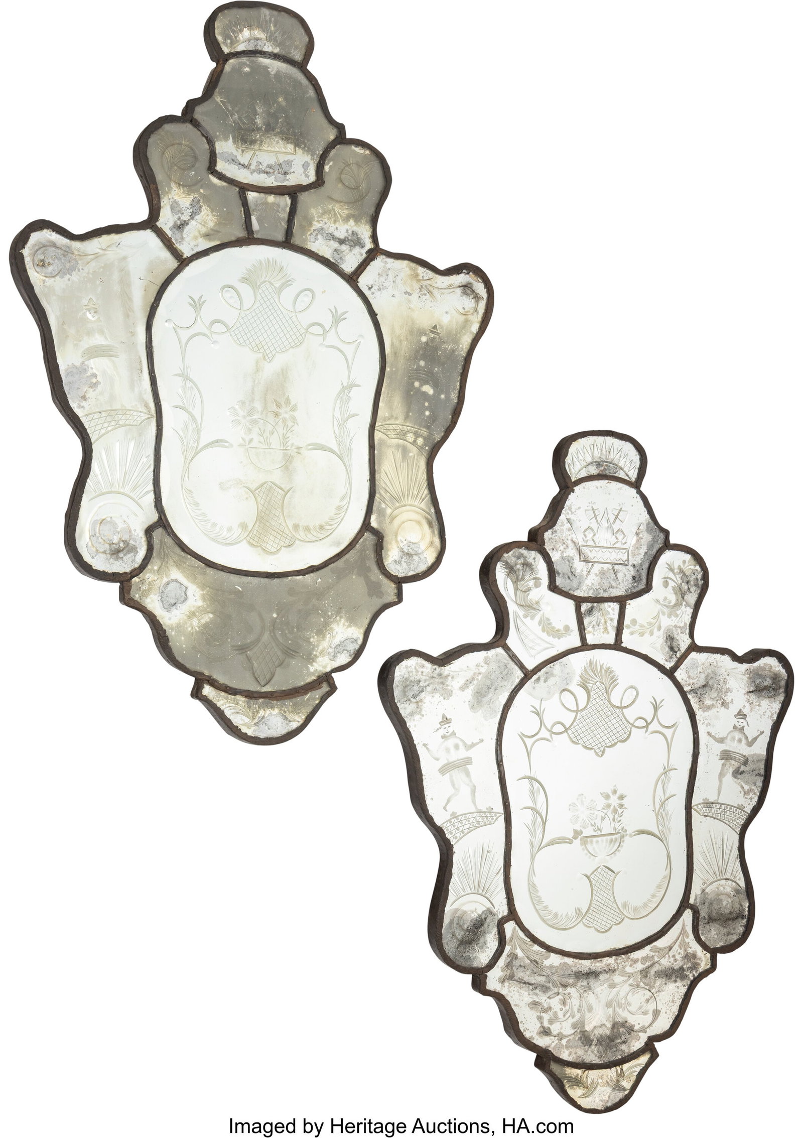 A Pair of Venetian Etched Carved Wood Mirrors 31: A Pair of Venetian Etched Carved Wood Mirrors 31-7/8 x 21-5/8 x 1 inches (81.0 x 54.9 x 2.5 cm) (each) Property from a Rancho Santa Fe, Californi