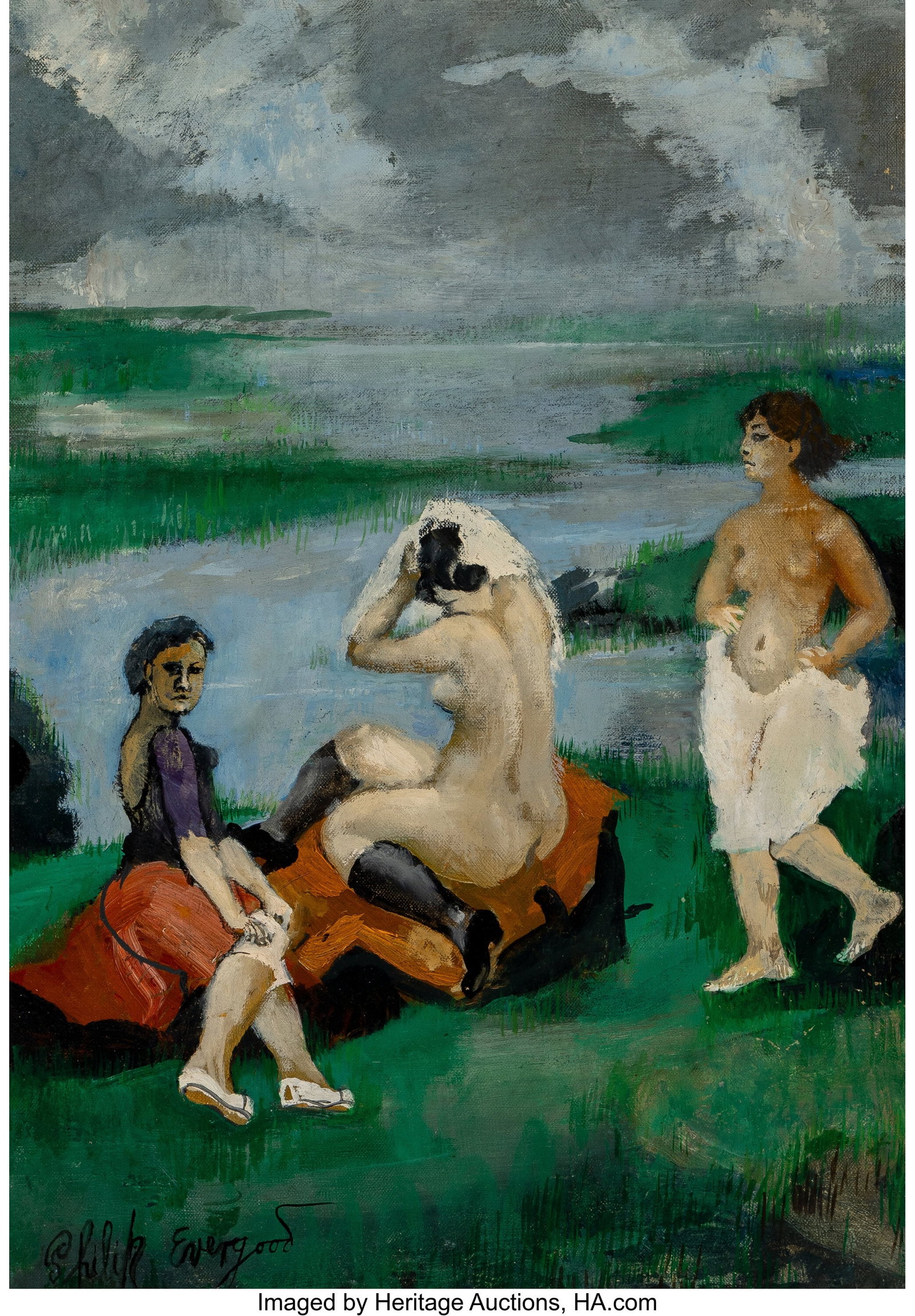 Philip Evergood (American, 1901-1973) Bathers at: Philip Evergood (American, 1901-1973) Bathers at Twilight Oil on Masonite 19-1/2 x 13-1/2 inches (49.5 x 34.3 cm) Signed lower left: Philip Evergo