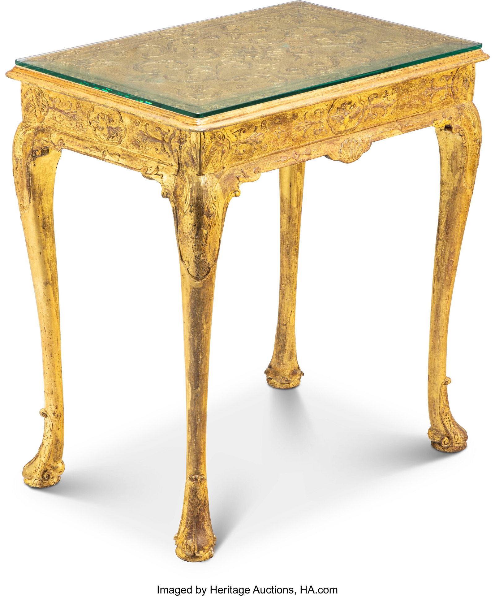 A George I Gilt Wood Side Table with Glass Top i: A George I Gilt Wood Side Table with Glass Top in the Manner of James Moore and John Belchier, circa 1720 29 x 26-3/4 x 18 inches (73.7 x 67.9 x 45.7 cm) HID03