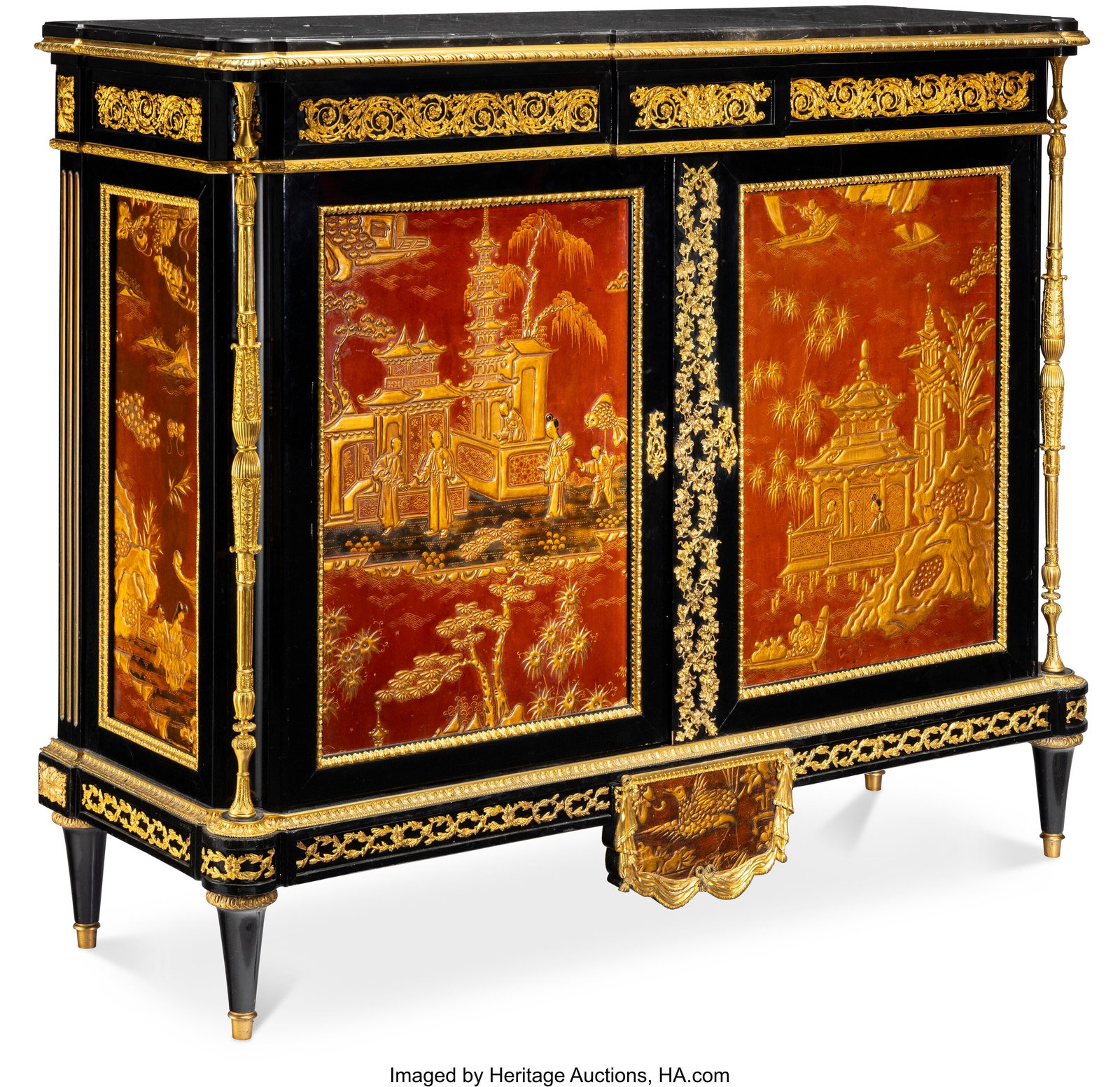 A Napoleon III Gilt Bronze-Mounted Lacquered Woo: A Napoleon III Gilt Bronze-Mounted Lacquered Wood Chinoiserie Decorated Cabinet with Belgian Black Marble Top, circa 1870 50 x 61 x 21 inches (127 x 154.9 x 53.3 cm) &lpa