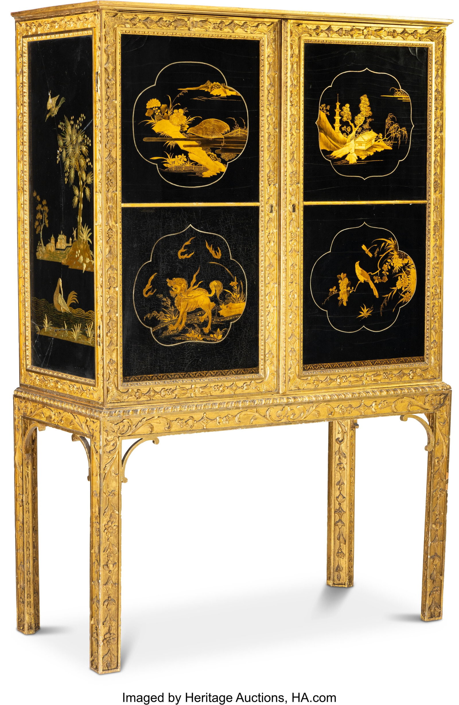 A George II-Style Gilt Wood Cabinet with Early J: A George II-Style Gilt Wood Cabinet with Early Japanese Lacquered Panels, 19th century 61-3/8 x 40-5/8 x 1-1/8 inches (156.0 x 103.2 x 2.9 cm) (ov
