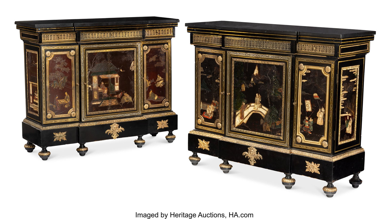 A Pair of Napoleon III Lacquered and Gilt Bronze: A Pair of Napoleon III Lacquered and Gilt Bronze-Mounted Wood Cabinets in the Manner of Adam Weisweiler, 19th century 40-3/8 x 49-5/8 x 16-7/8 inches (102.6 x