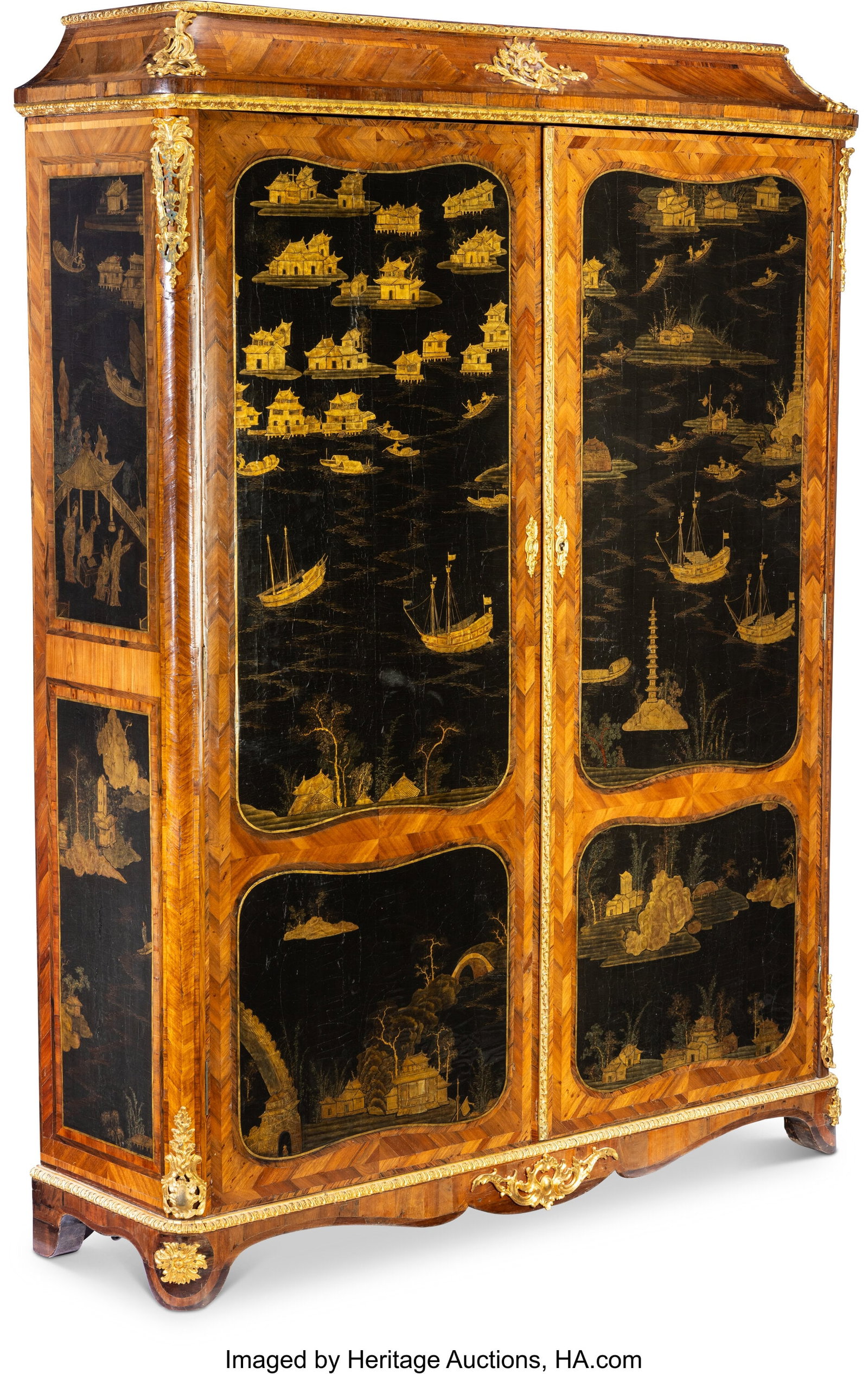 A French Gilt Bronze-Mounted Lacquered Kingwood : A French Gilt Bronze-Mounted Lacquered Kingwood Chinoiserie Decorated Armoire, circa 1890 77 x 56-1/4 x 16-1/4 inches (195.6 x 142.9 x 41.3 cm) PROVENANCE&
