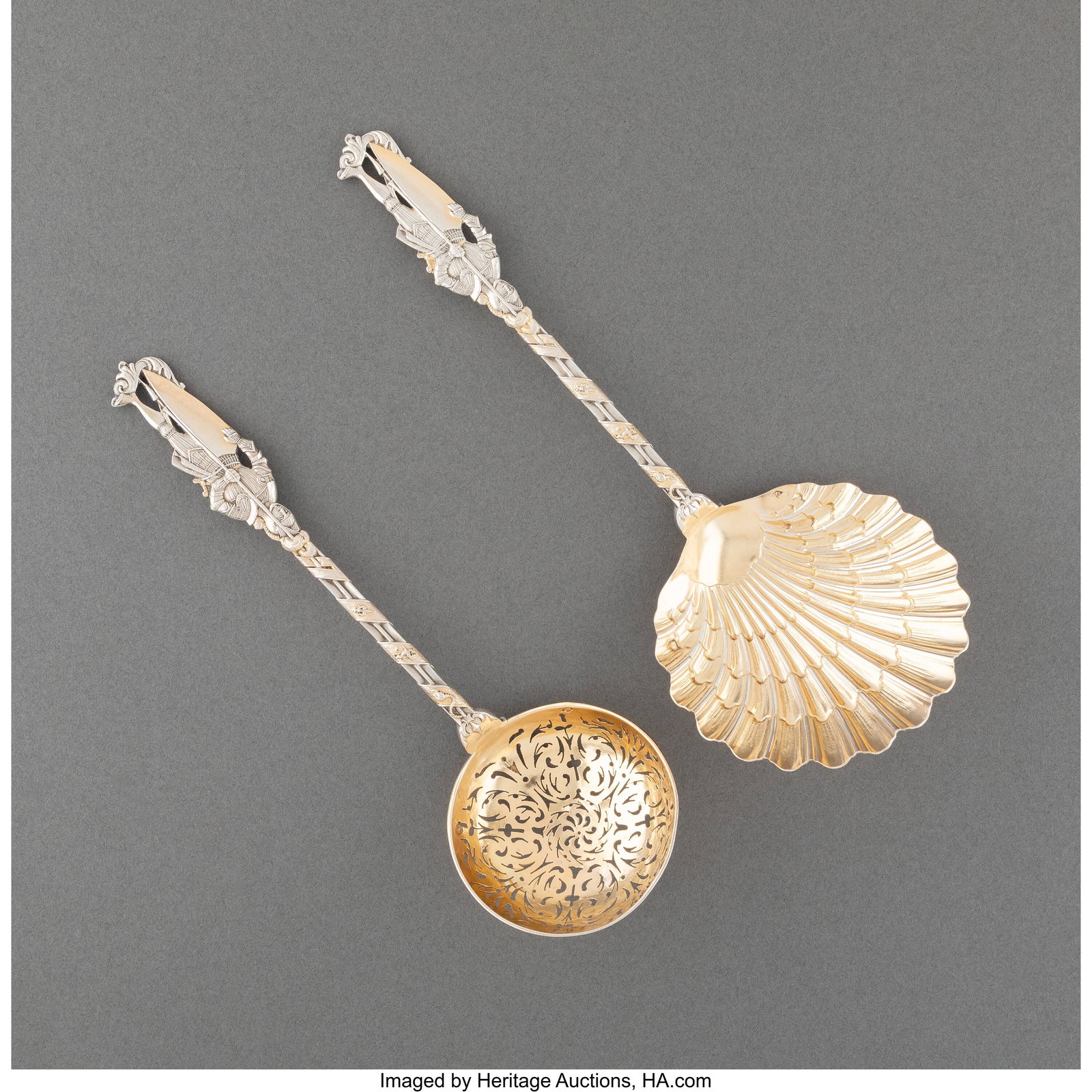 Two Emile Puiforcat Partial Gilt Silver Serving : Two Emile Puiforcat Partial Gilt Silver Serving Spoons, Paris, 19th century Marks: E(penknife)P, (Minerva) 8-5/8 x 3-1/4 inches (21.9 x 