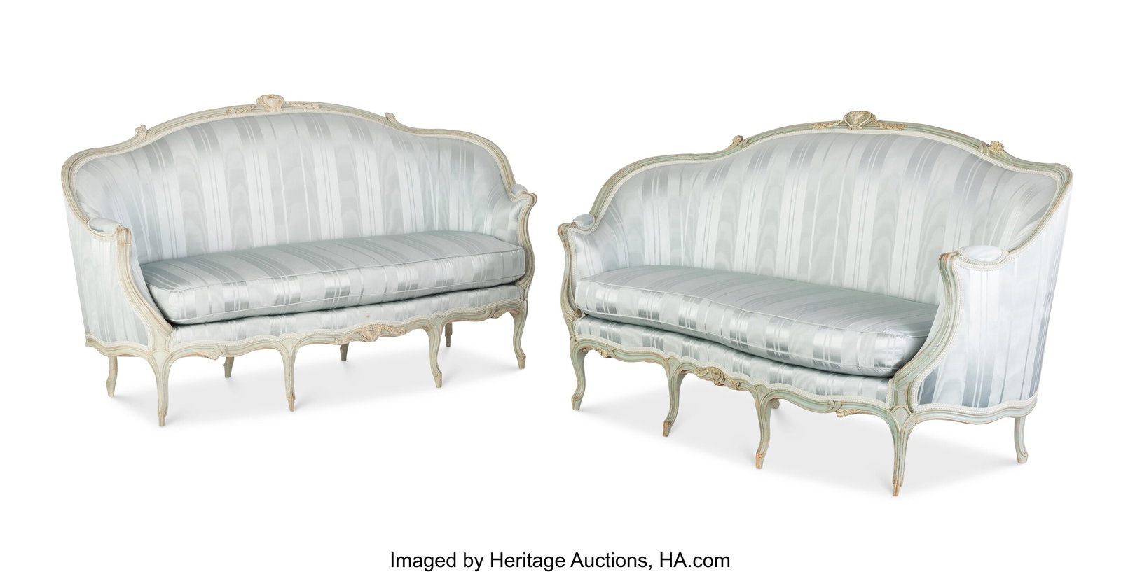 A Pair of Louis XV Blue-Painted Wood Canapés en: A Pair of Louis XV Blue-Painted Wood Canapés en Corbeillle, circa 1750 43-1/8 x 74 x 31 inches (109.5 x 188.0 x 78.7 cm) (each) PROVENANCE&col