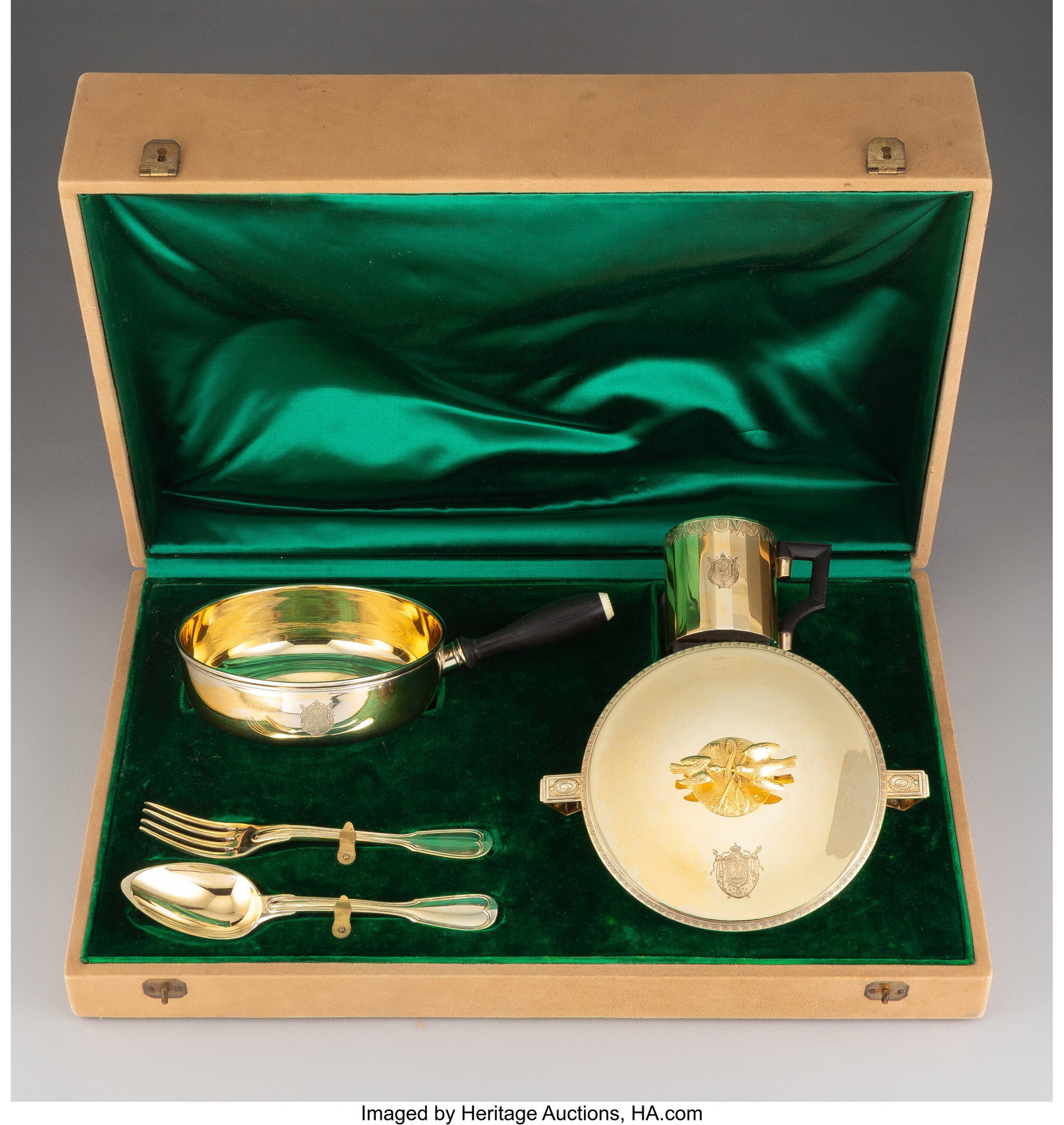 A Five-Piece Savary Gilt Silver Traveling Dinner: A Five-Piece Savary Gilt Silver Traveling Dinner Set in Original Fitted Case, Paris, circa 1900 Marks: (S-rabbit-F), (Minerva) 2-3/4 x 3-3/4 x 2-1&s