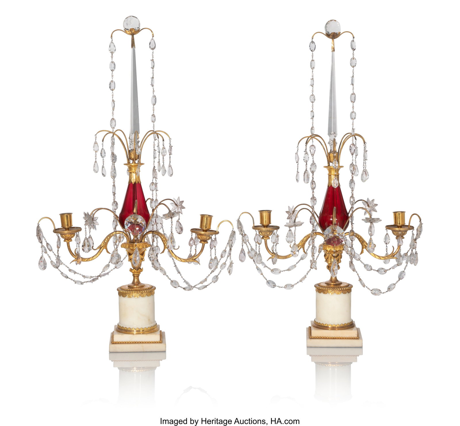 A Pair of Russian Neoclassical Gilt Bronze-Mount: A Pair of Russian Neoclassical Gilt Bronze-Mounted Ruby and Cut-Glass Girandoles, circa 1790-1800 31 x 17-1/4 x 11 inches (78.7 x 43.8 x 27.9 cm) (each&rp