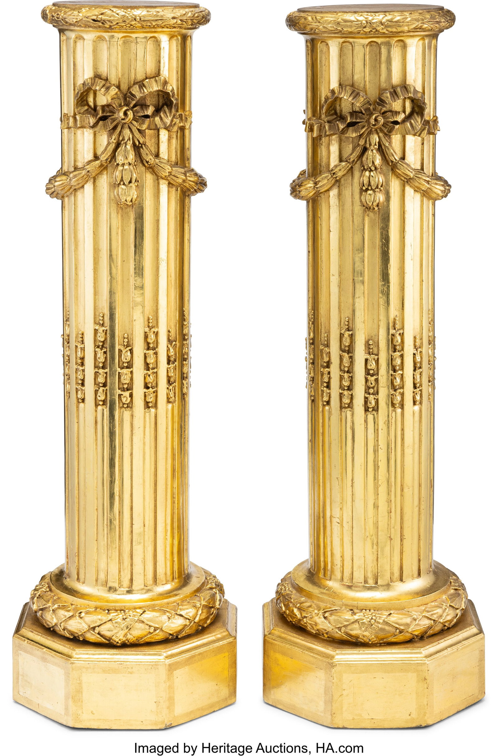 A Pair of Neoclassical-Style Gilt Wood Pedestals: A Pair of Neoclassical-Style Gilt Wood Pedestals, 19th century 44-3/4 x 18-1/2 x 9-3/4 inches (113.7 x 47.0 x 24.8 cm) (each) Property from t