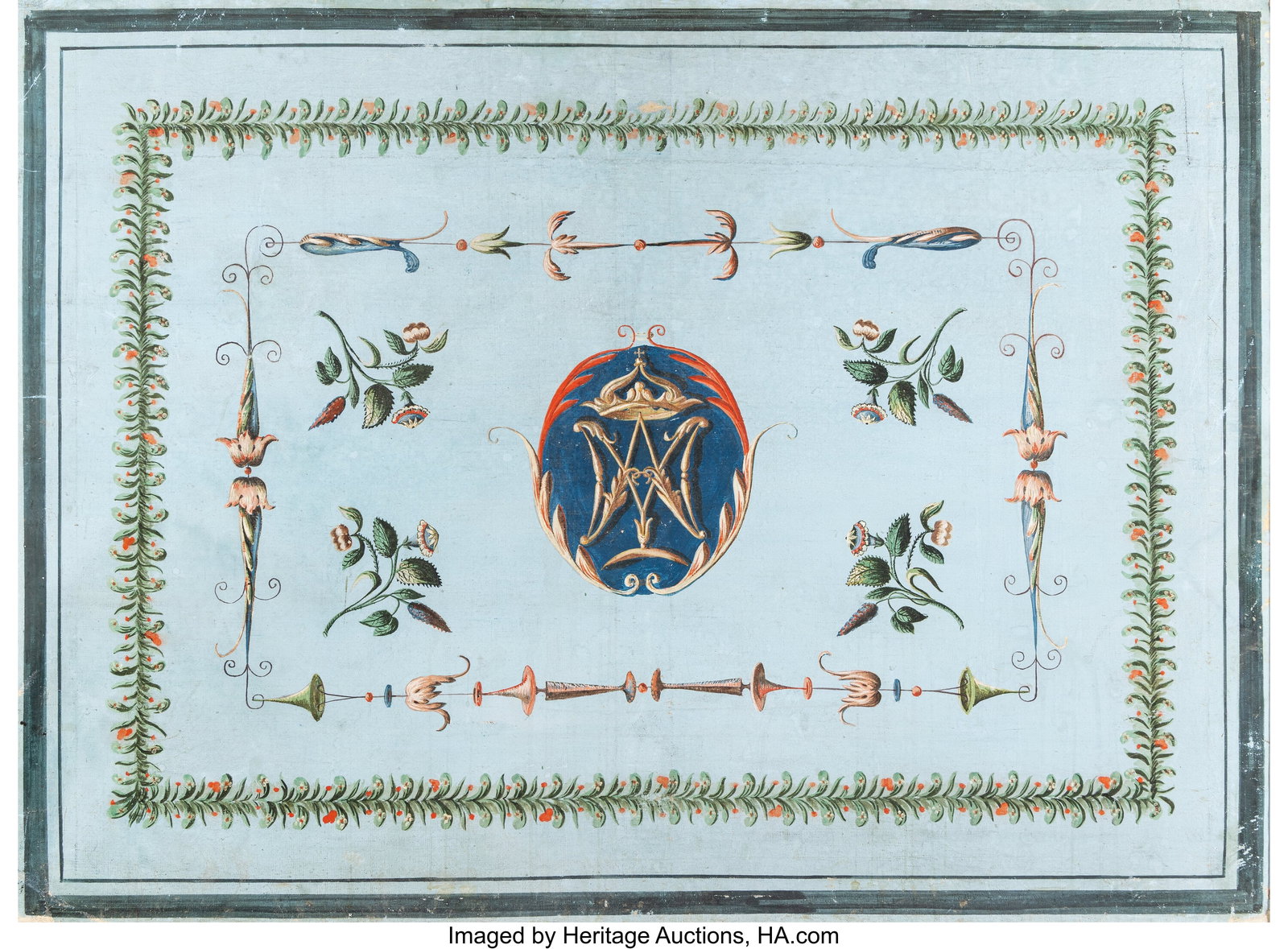 An Italian Neoclassical Painted Wall Panel, circ: An Italian Neoclassical Painted Wall Panel, circa 1800 36 x 49-1/4 inches (91.4 x 125.1 cm) (sight) Monogram: MA Property from the Estate of a Private