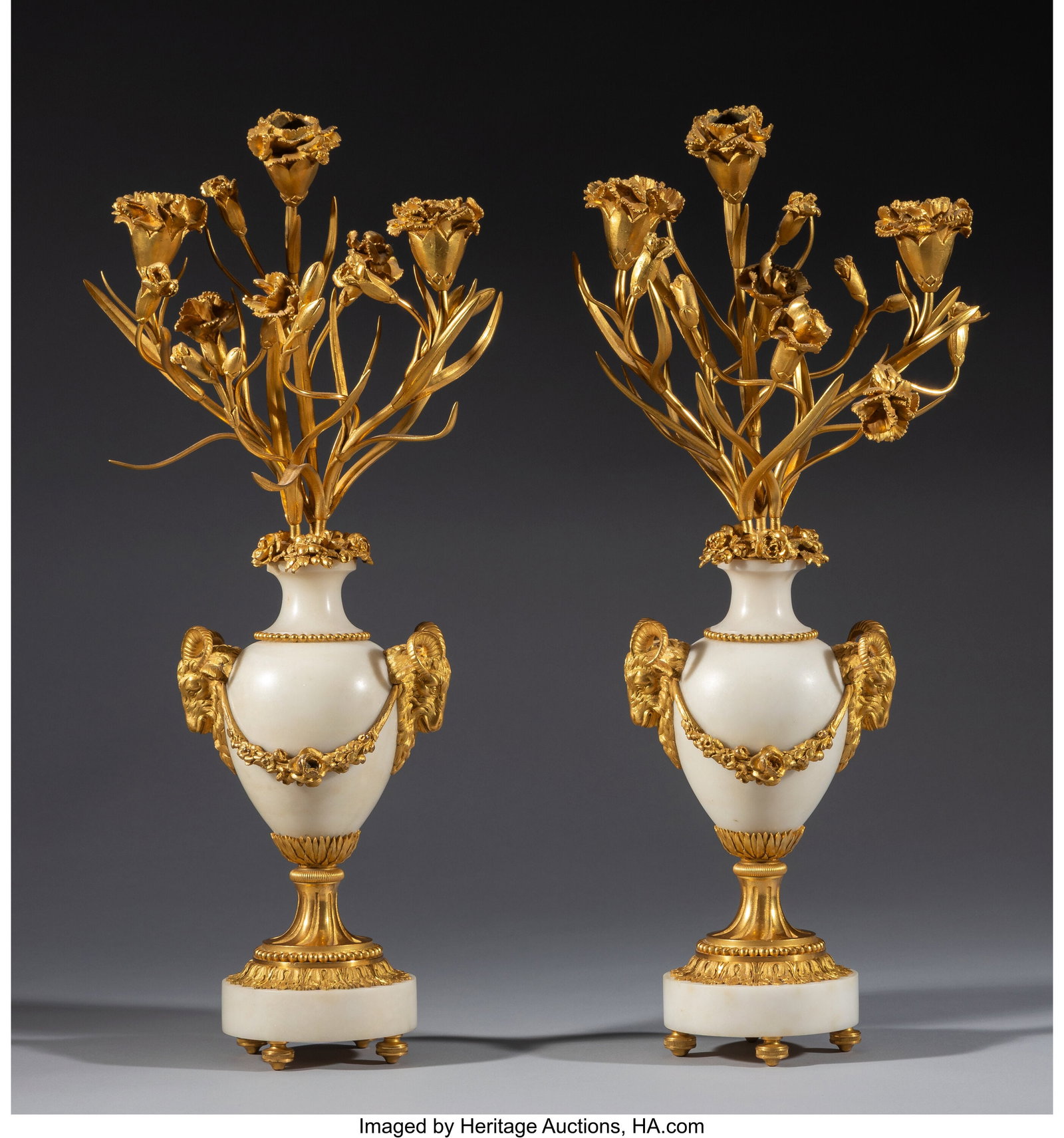 Pair of Louis XVI-Style Gilt Bronze-Mounted and : Pair of Louis XVI-Style Gilt Bronze-Mounted and Marble Three-Light Candelabra, 19th century Marks: 3038 19-1/2 x 8-1/4 x 5-1/2 inches (49.5 x 21.0 x 14&perio