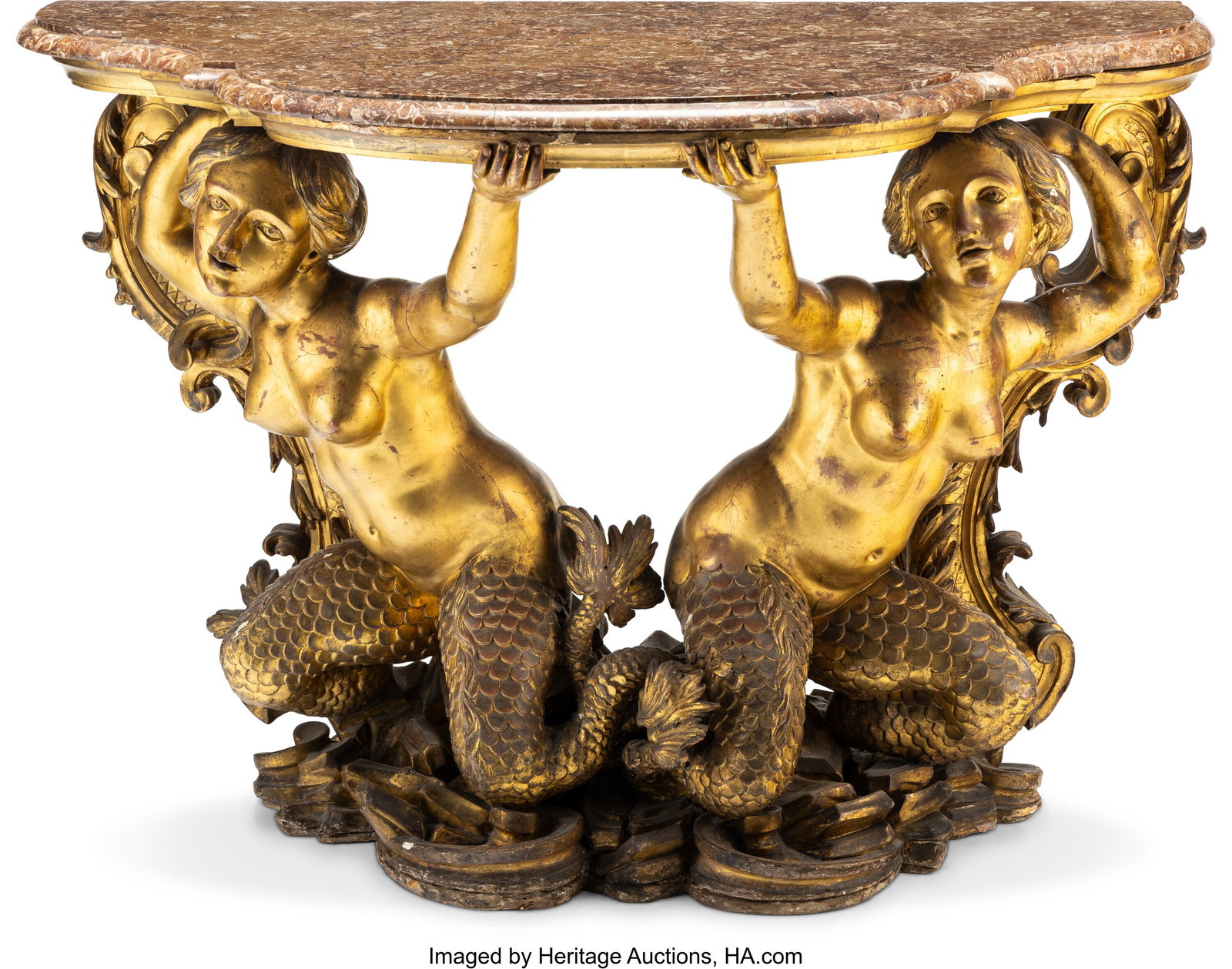 An Italian Gilt Pine and Poplar Figural Console : An Italian Gilt Pine and Poplar Figural Console Table with Marble Top, circa 1725 35-1/2 x 51 x 28-1/2 inches (90.2 x 129.5 x 72.4 cm) PROVENANCE: So