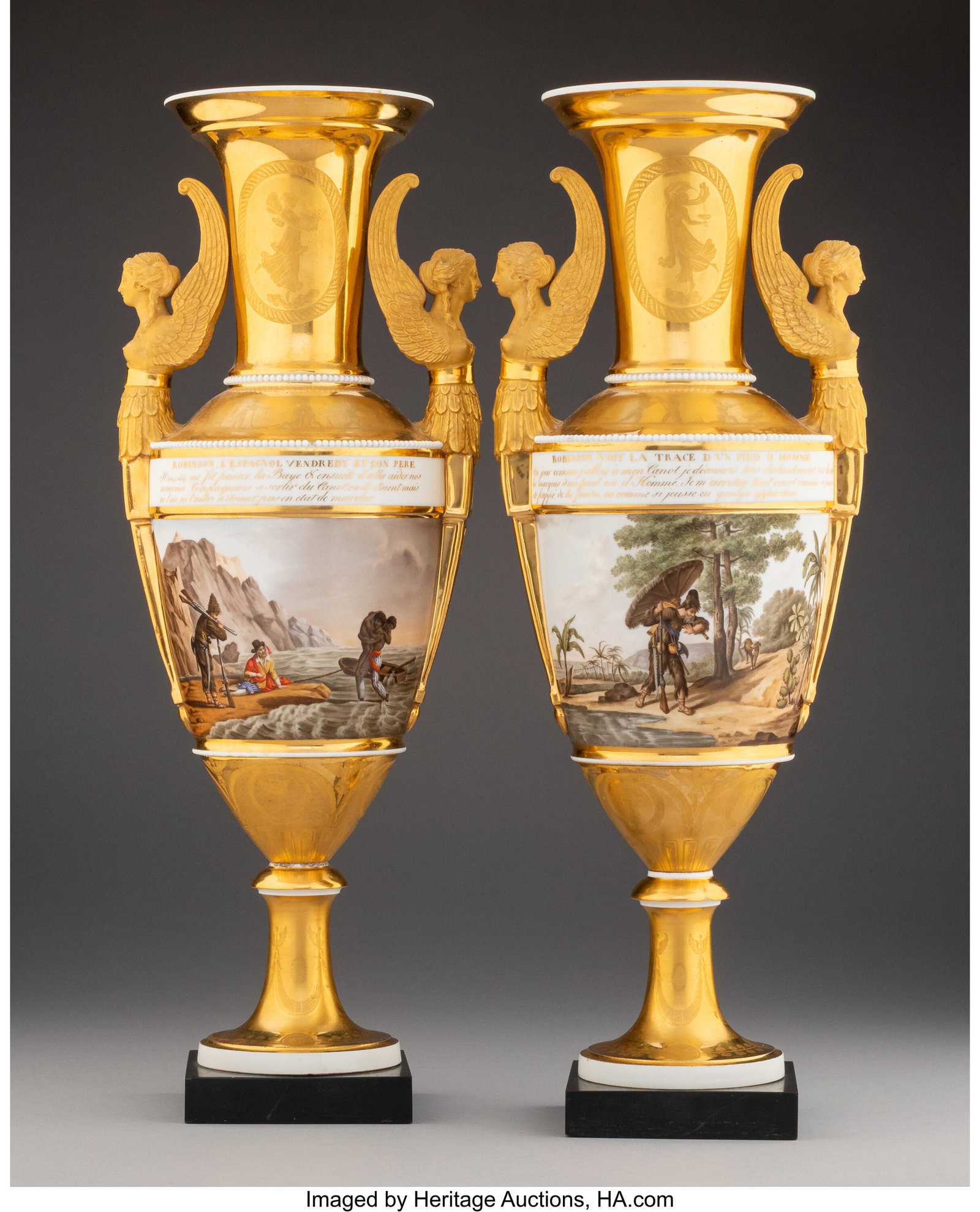 A Pair of French Enameled, Partial Gilt Porcelai: A Pair of French Enameled, Partial Gilt Porcelain, and Marble-Mounted Two-Handle Urns: Robinson Crusoe, early 19th century 21-5/8 x 7-3/4 x 6 inches (54.9 x