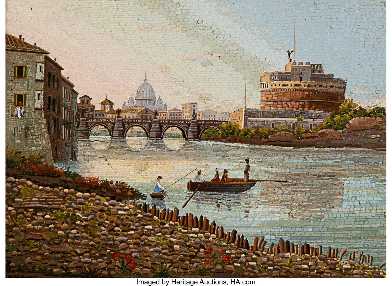 An Italian Grand Tour Micromosaic Depicting a Vi: An Italian Grand Tour Micromosaic Depicting a View of the Tiber with Castel Sant'Angelo and St. Peter's Basilica, Rome, early 19th century Marks: (applied Vatican label&r