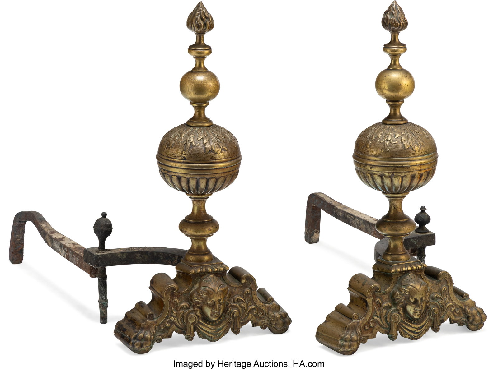 A Pair of Louis XIV-Style Brass and Iron Andiron (1 of 3)
